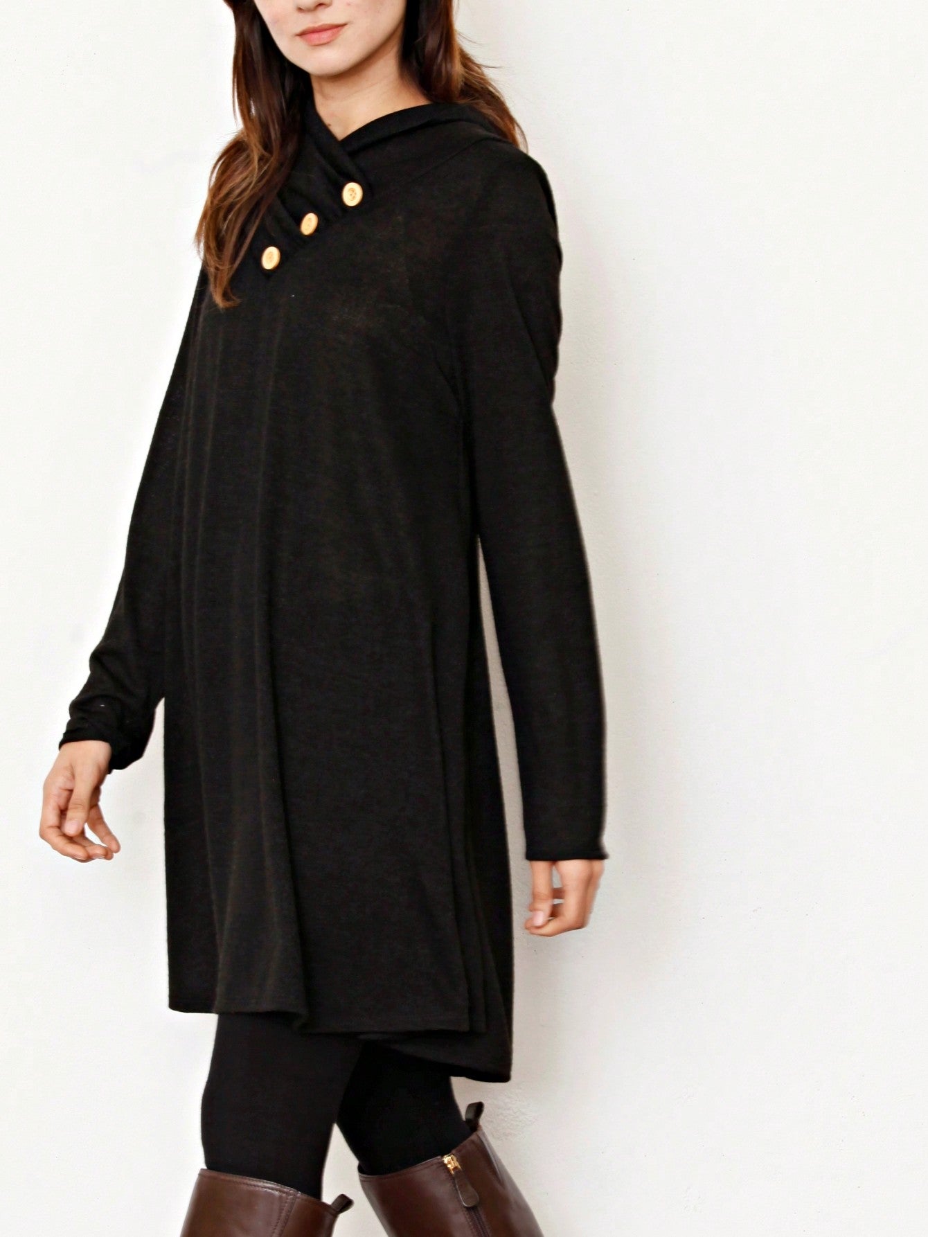 Boho Retro Solid Knit Button Turtle Neck Tulip Slit Tunic Top  Knit Top