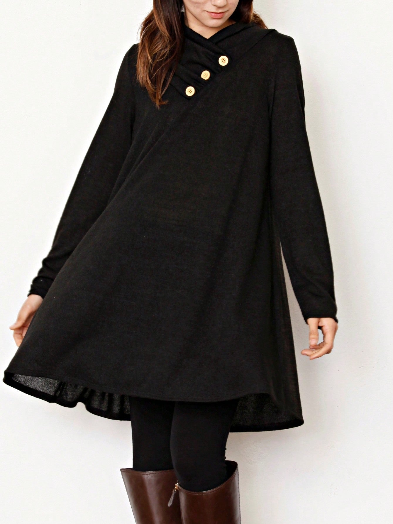Boho Retro Solid Knit Button Turtle Neck Tulip Slit Tunic Top  Knit Top