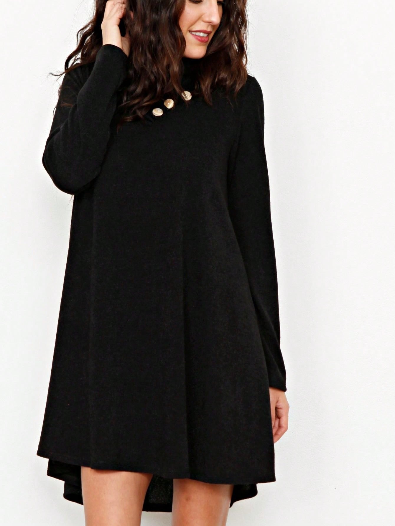 Boho Retro Solid Knit Button Turtle Neck Tulip Slit Tunic Top  Knit Top