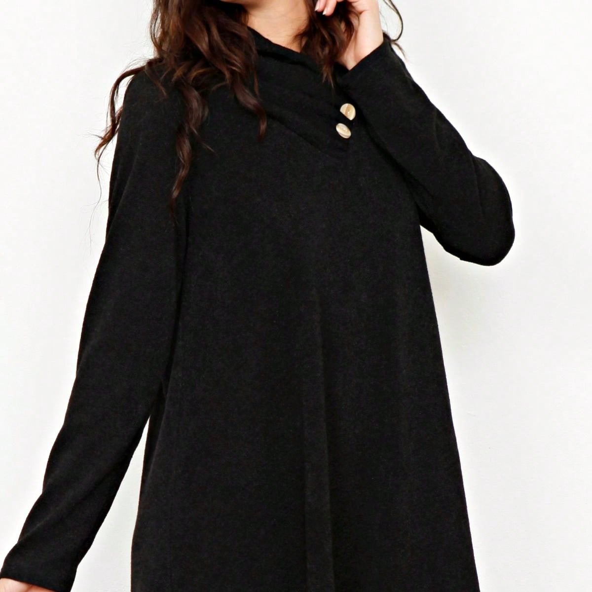 Boho Retro Solid Knit Button Turtle Neck Tulip Slit Tunic Top  Knit Top