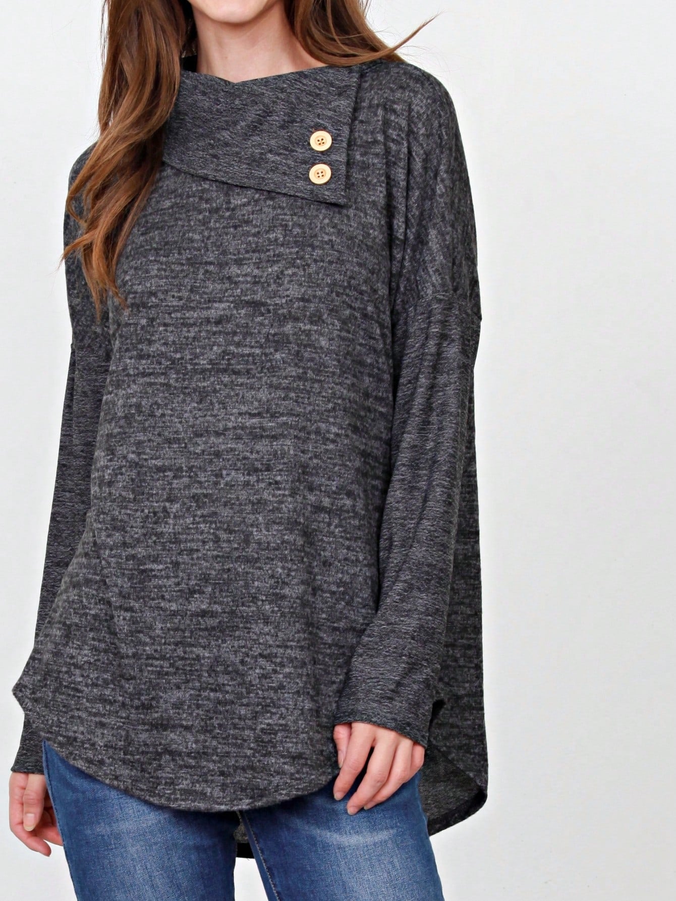 Boho Retro Solid Knit Button Turtle Neck Tulip Slit Tunic Top  Knit Top
