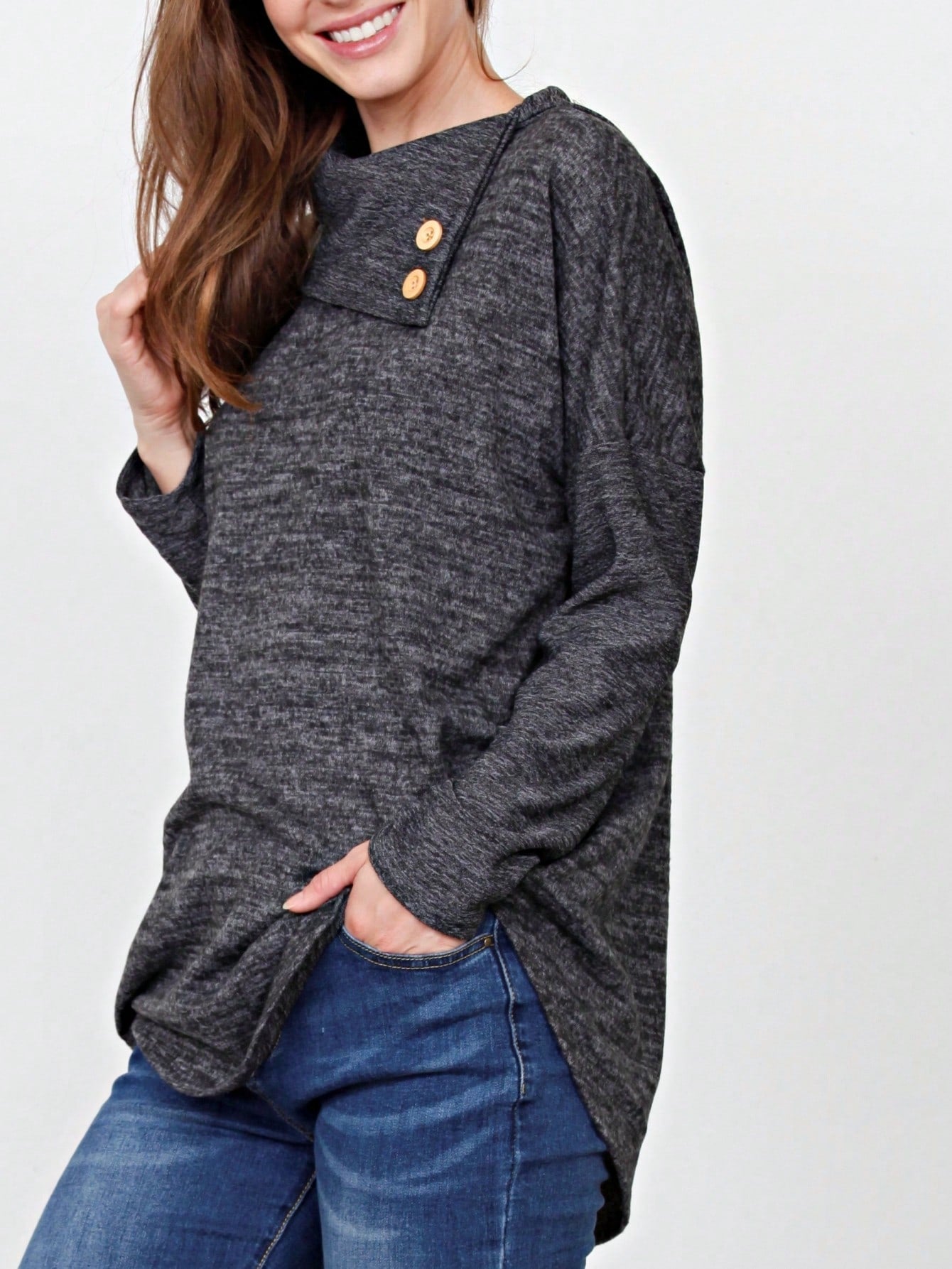 Boho Retro Solid Knit Button Turtle Neck Tulip Slit Tunic Top  Knit Top