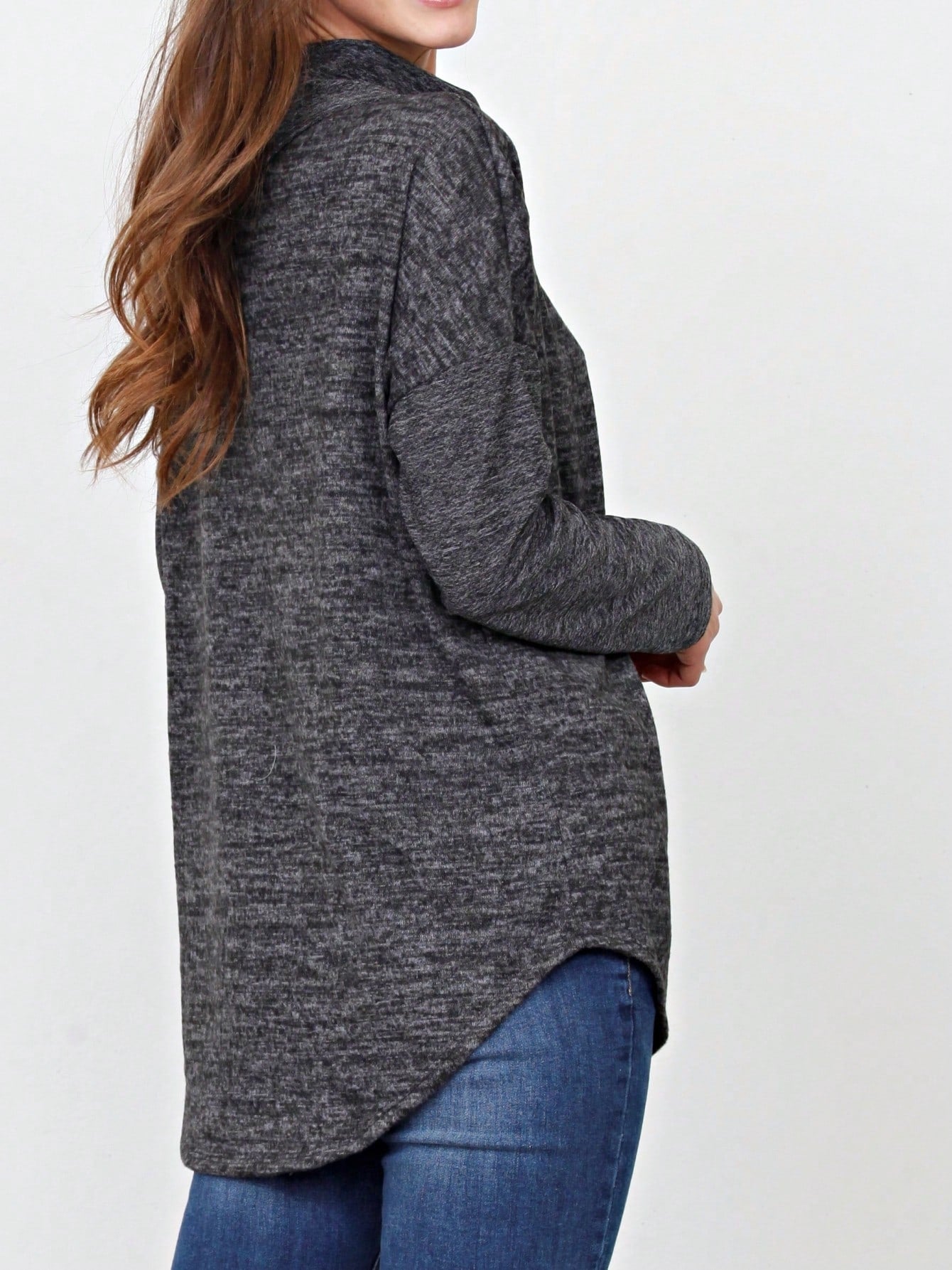 Boho Retro Solid Knit Button Turtle Neck Tulip Slit Tunic Top  Knit Top