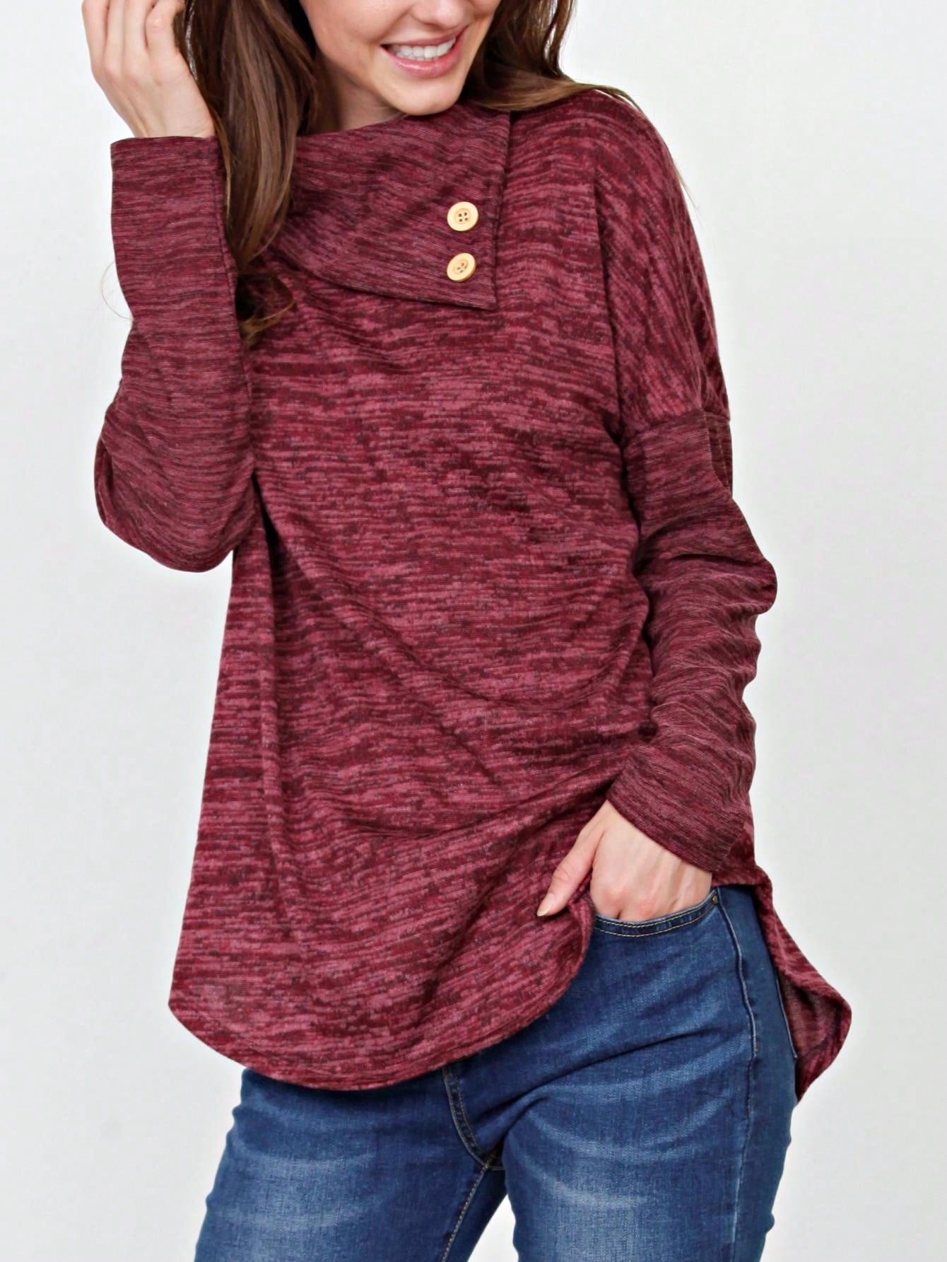 Boho Retro Solid Knit Button Turtle Neck Tulip Slit Tunic Top  Knit Top