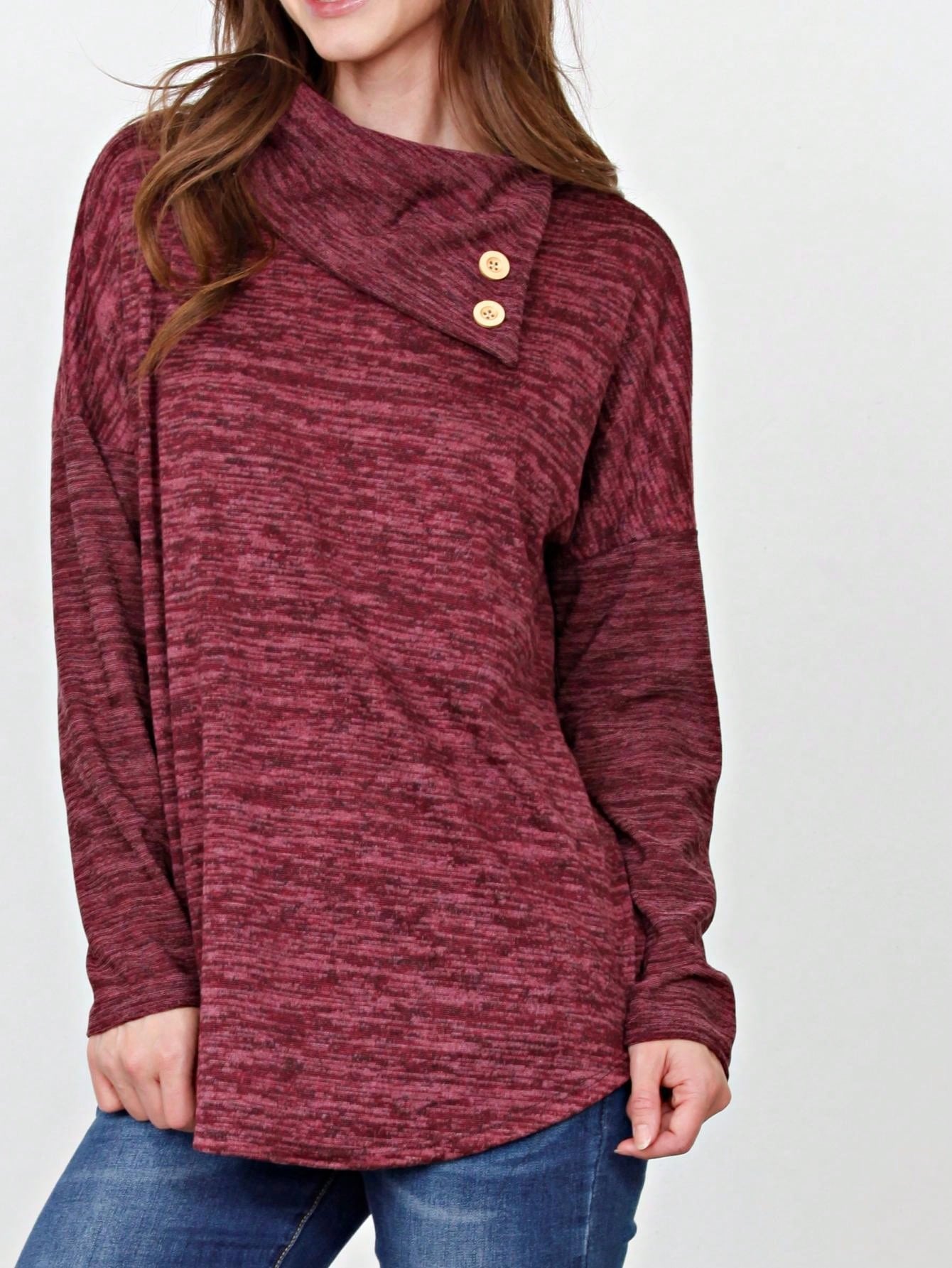 Boho Retro Solid Knit Button Turtle Neck Tulip Slit Tunic Top  Knit Top