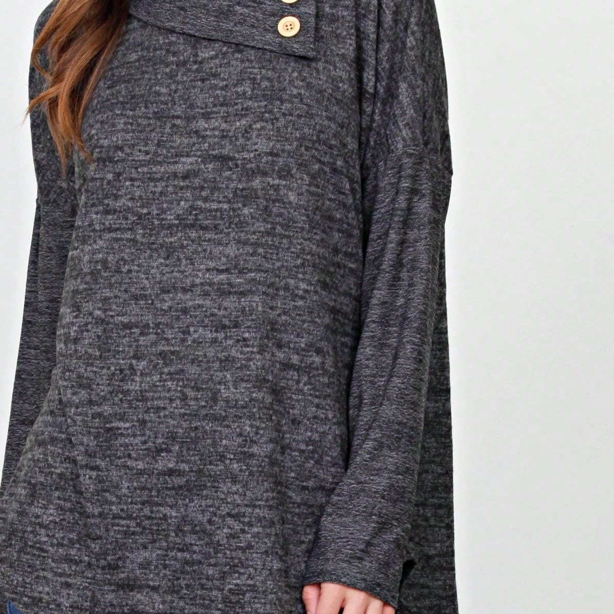 Boho Retro Solid Knit Button Turtle Neck Tulip Slit Tunic Top  Knit Top
