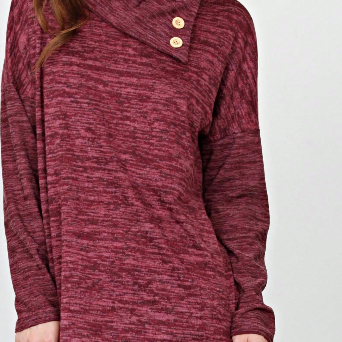 Boho Retro Solid Knit Button Turtle Neck Tulip Slit Tunic Top  Knit Top