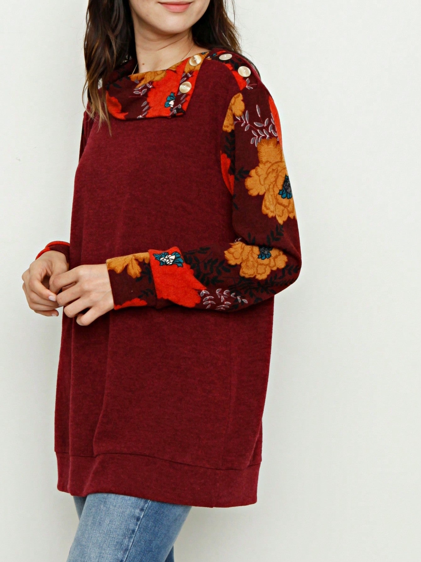 Boho Retro Solid Knit Button Turtle Neck Tulip Slit Tunic Top  Knit Top