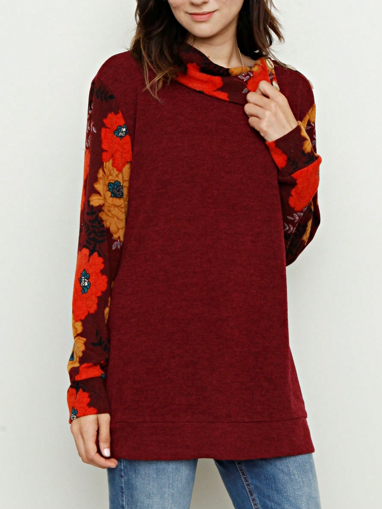 Boho Retro Solid Knit Button Turtle Neck Tulip Slit Tunic Top  Knit Top