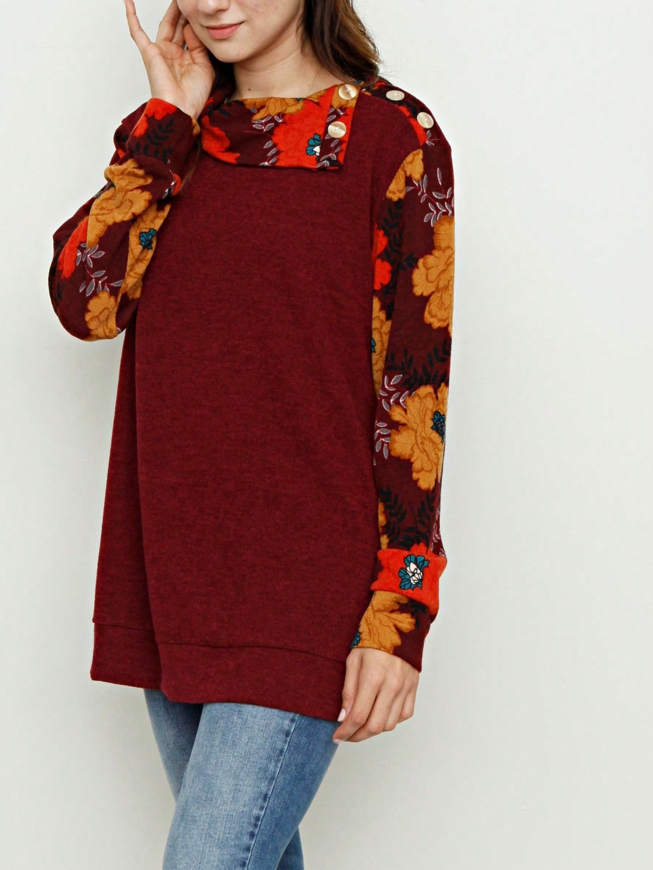Boho Retro Solid Knit Button Turtle Neck Tulip Slit Tunic Top  Knit Top