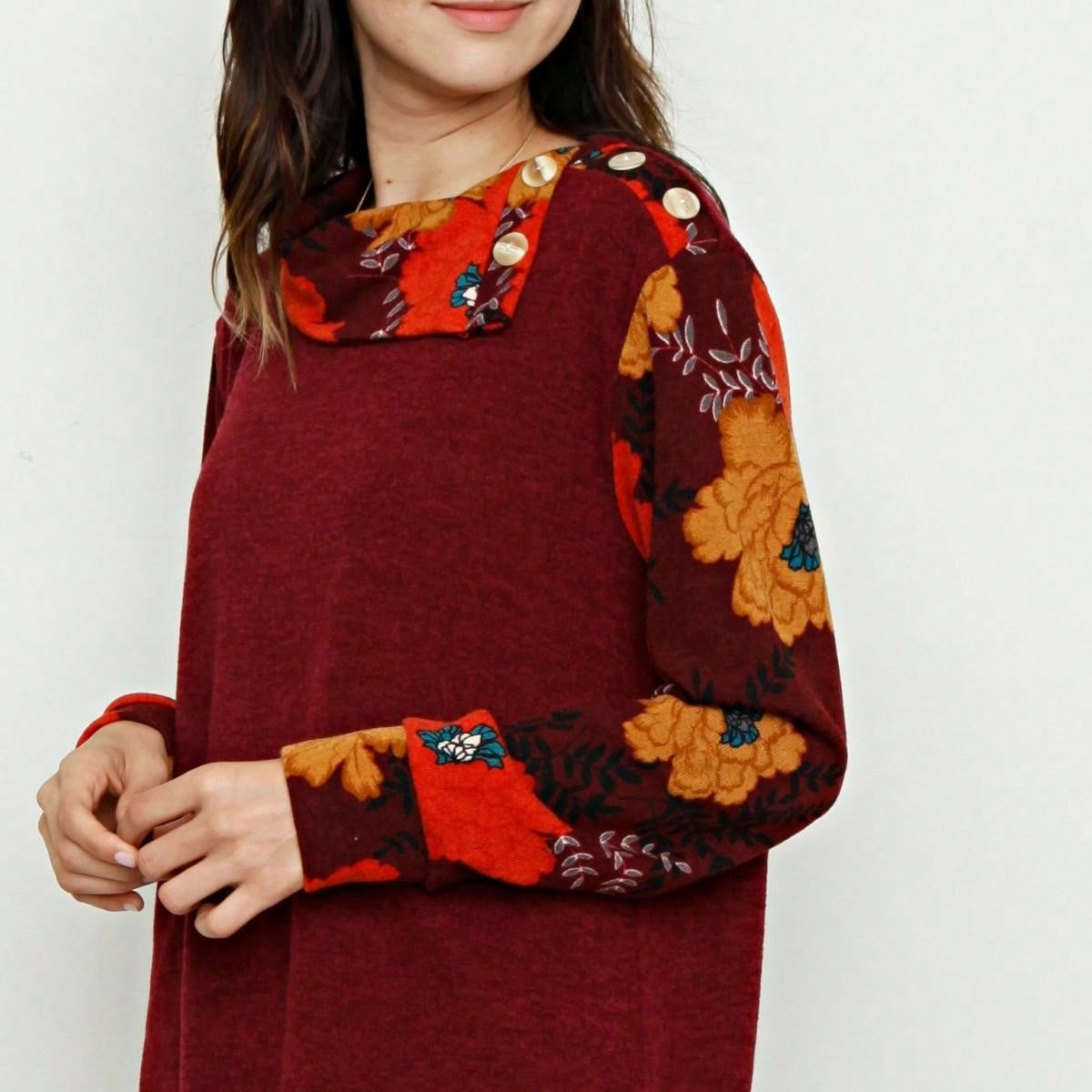 Boho Retro Solid Knit Button Turtle Neck Tulip Slit Tunic Top  Knit Top
