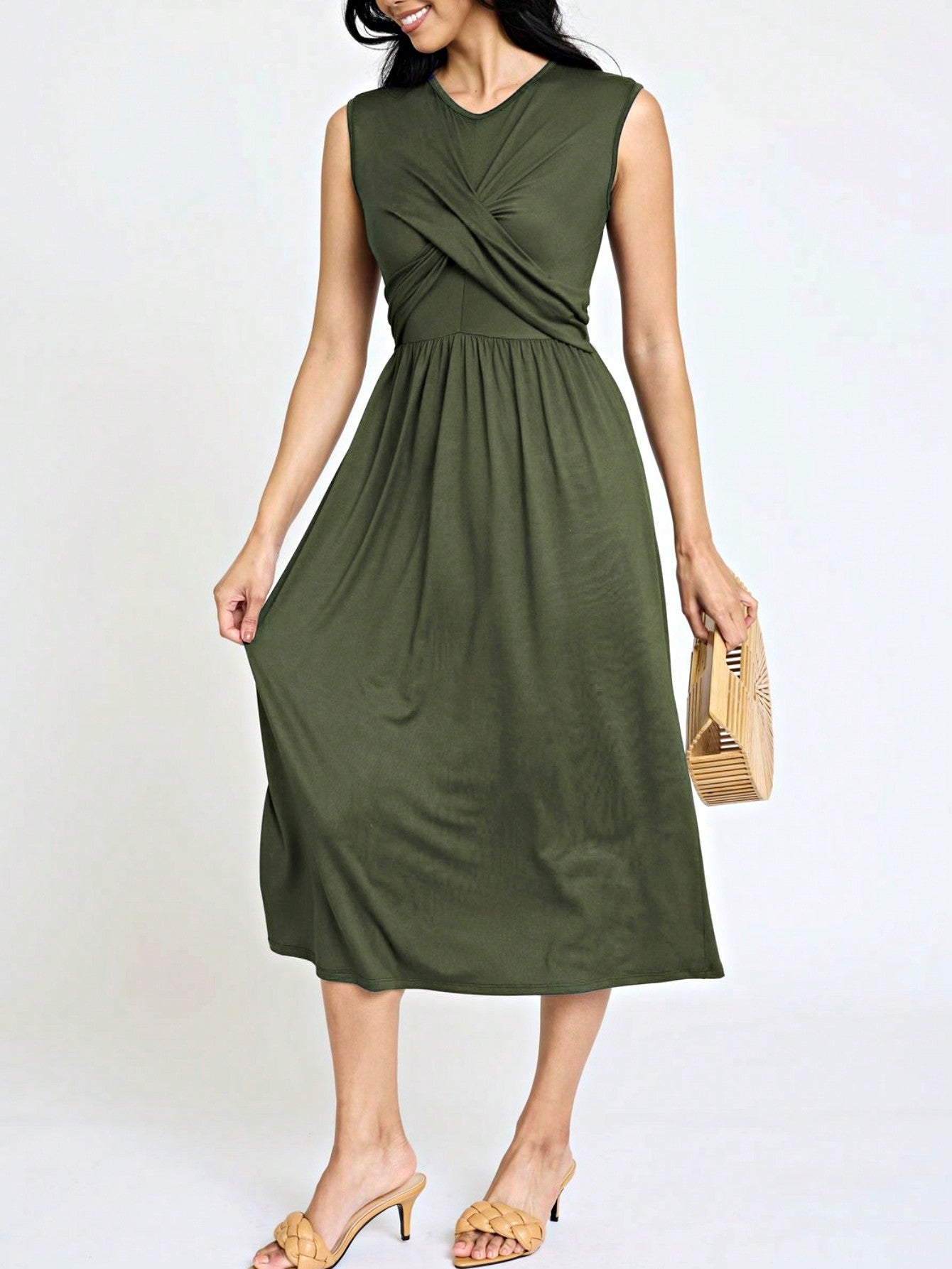 Boho Vacation Retro Solid Diagonal Tiered Midi Dress Balloon Bubble Sleeve  Bridesmaids Pink Red Sage Black Green Beige Olive