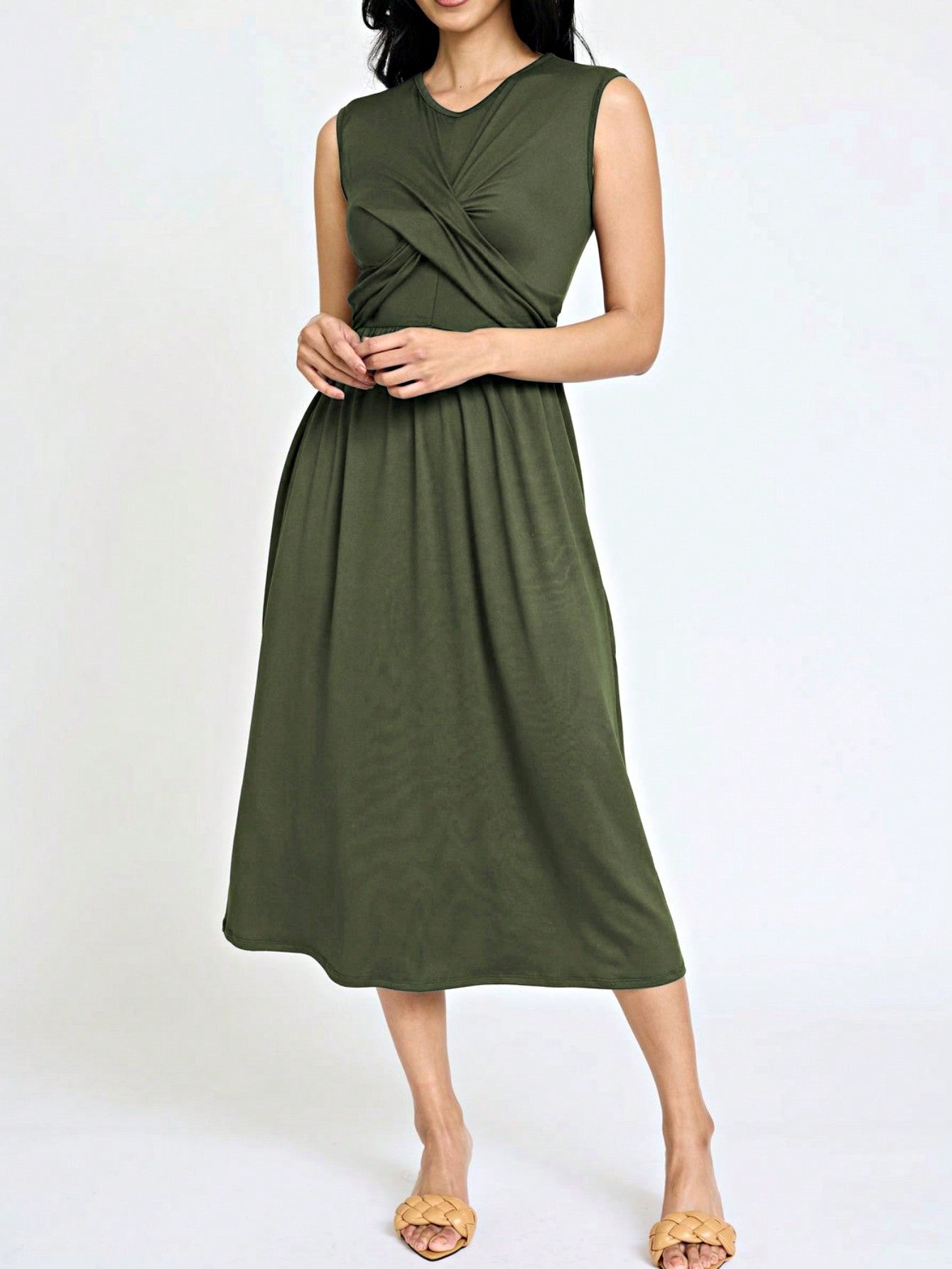 Boho Vacation Retro Solid Diagonal Tiered Midi Dress Balloon Bubble Sleeve  Bridesmaids Pink Red Sage Black Green Beige Olive