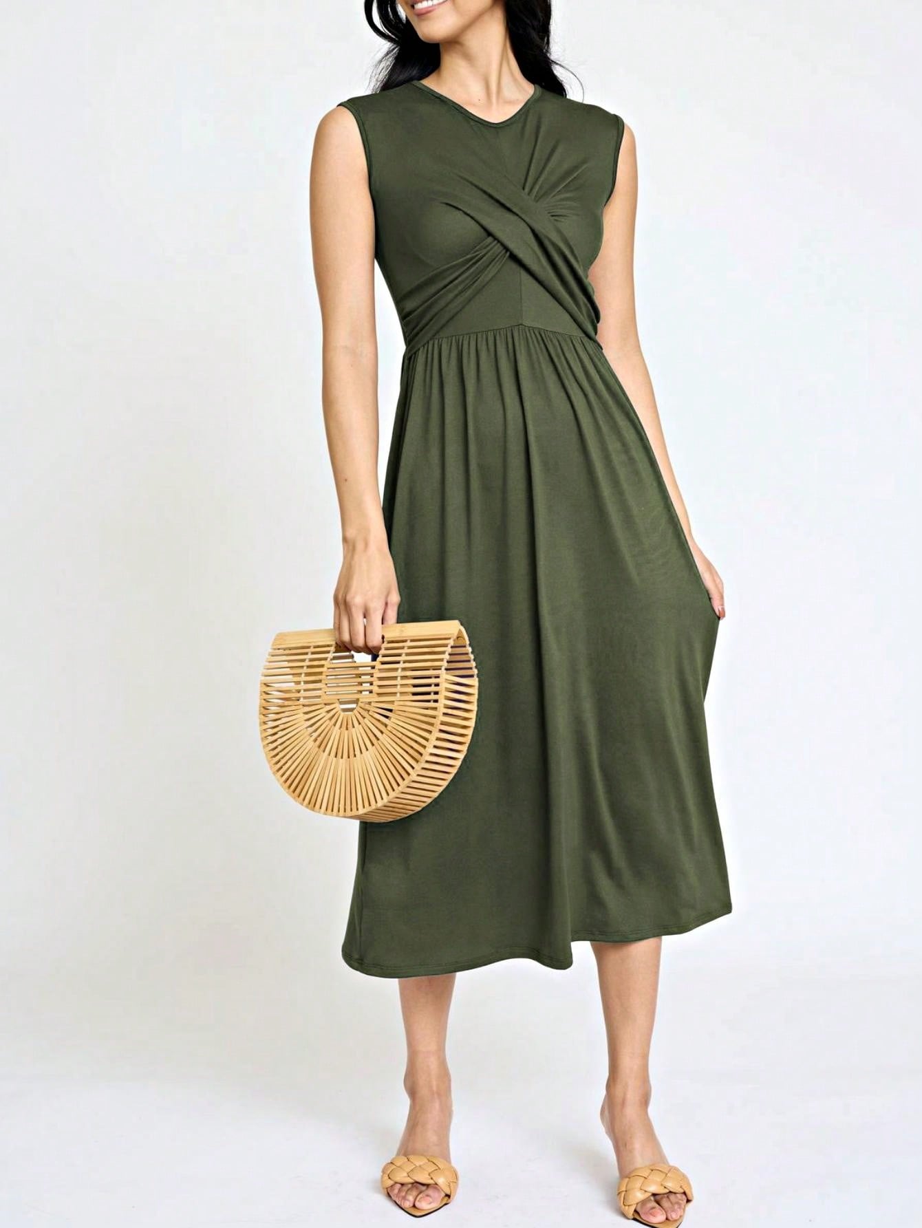 Boho Vacation Retro Solid Diagonal Tiered Midi Dress Balloon Bubble Sleeve  Bridesmaids Pink Red Sage Black Green Beige Olive