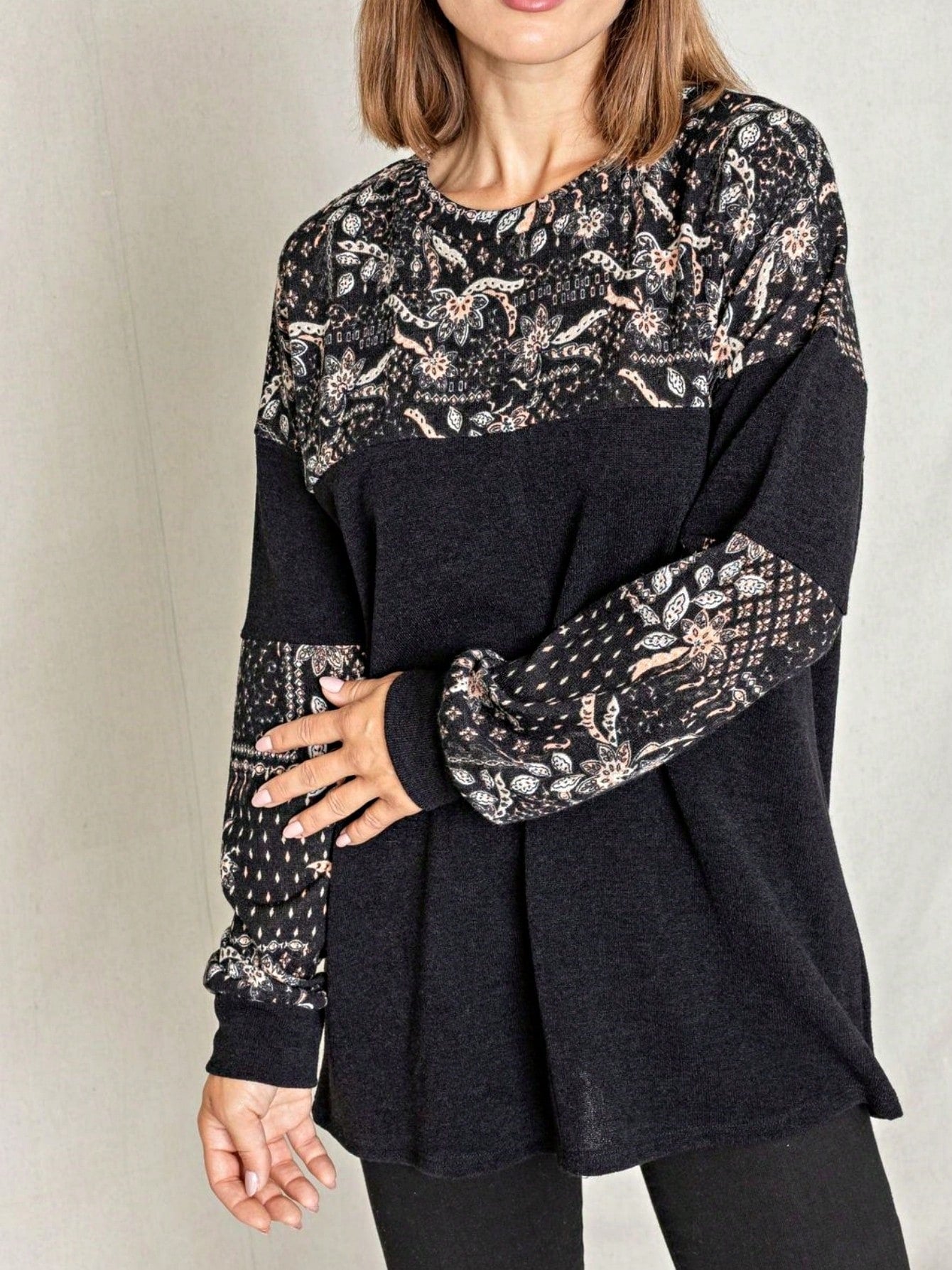 Boho Retro 90'sCheckered Solid Raglan Drop Shoulder Knit Top Sweatshirt Pullover Tunic