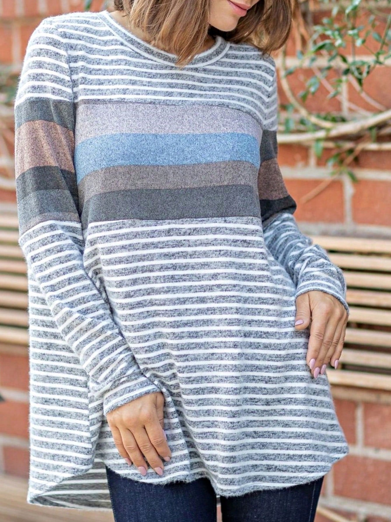 Boho Retro 90'sCheckered Solid Raglan Drop Shoulder Knit Top Sweatshirt Pullover Tunic
