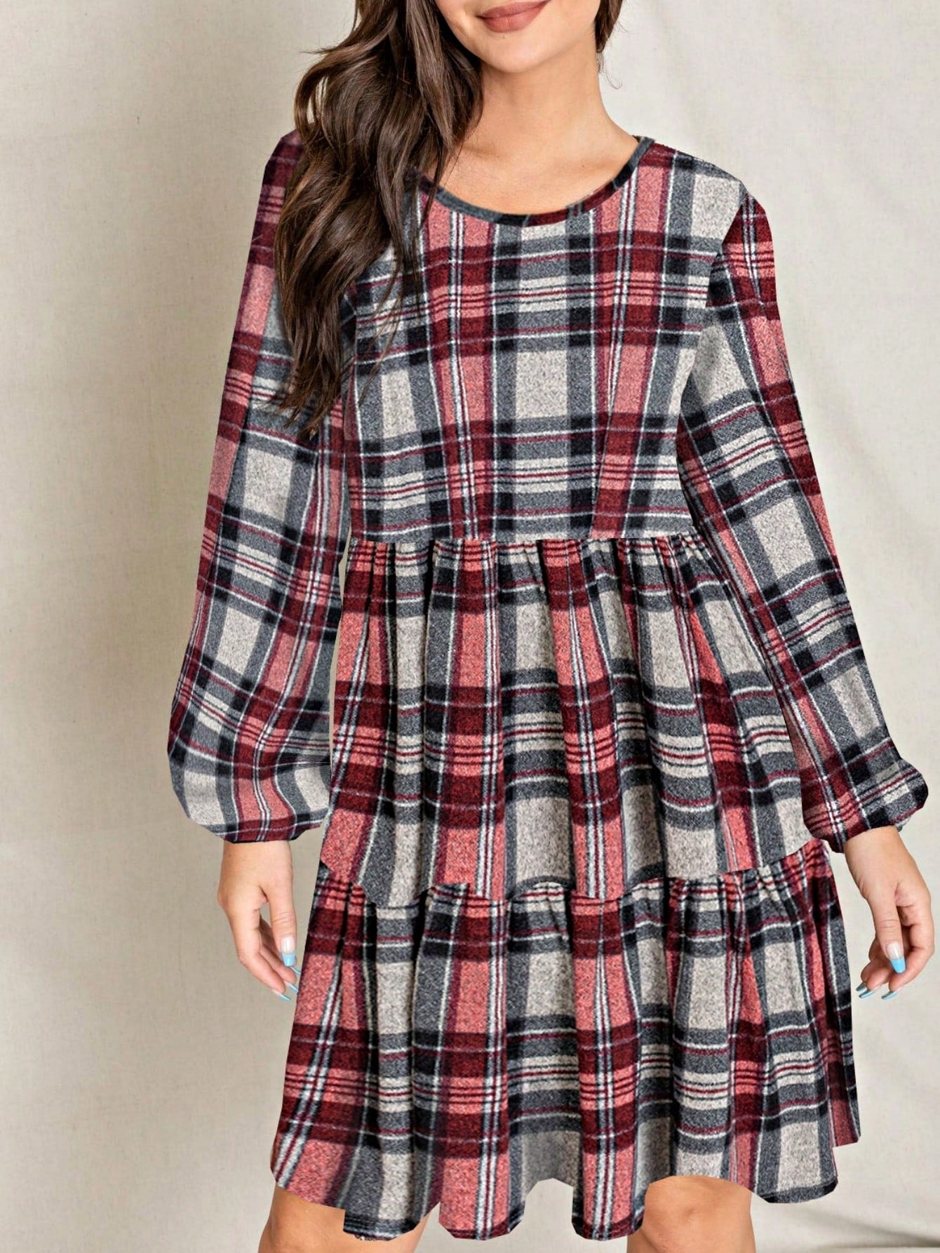 Boho Retro Knit Plaid Checker Floral Print Black Coral Cream Orange Off/One Shoulder Ruffle Sleeve Tiered Dress
