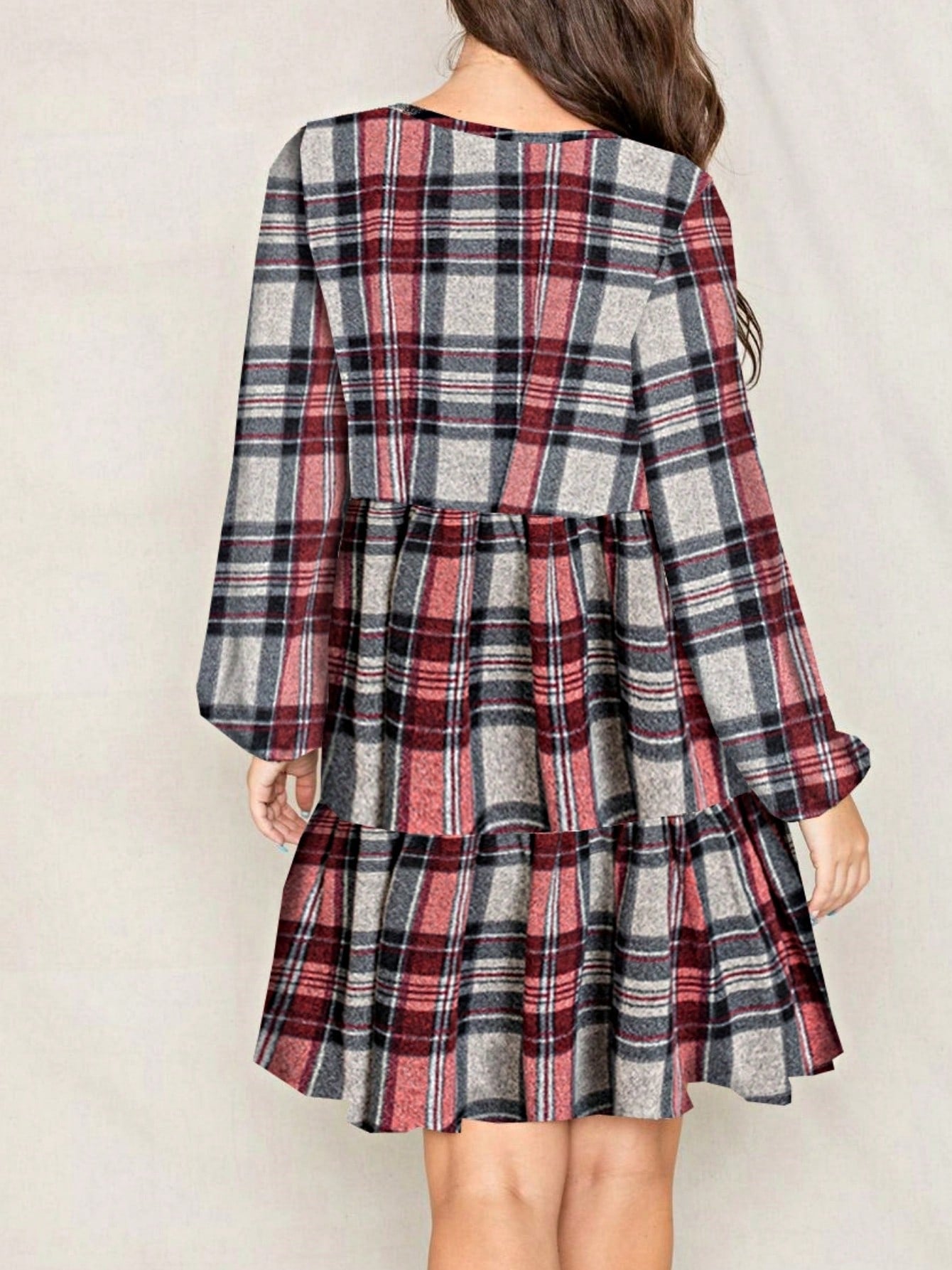 Boho Retro Knit Plaid Checker Floral Print Black Coral Cream Orange Off/One Shoulder Ruffle Sleeve Tiered Dress