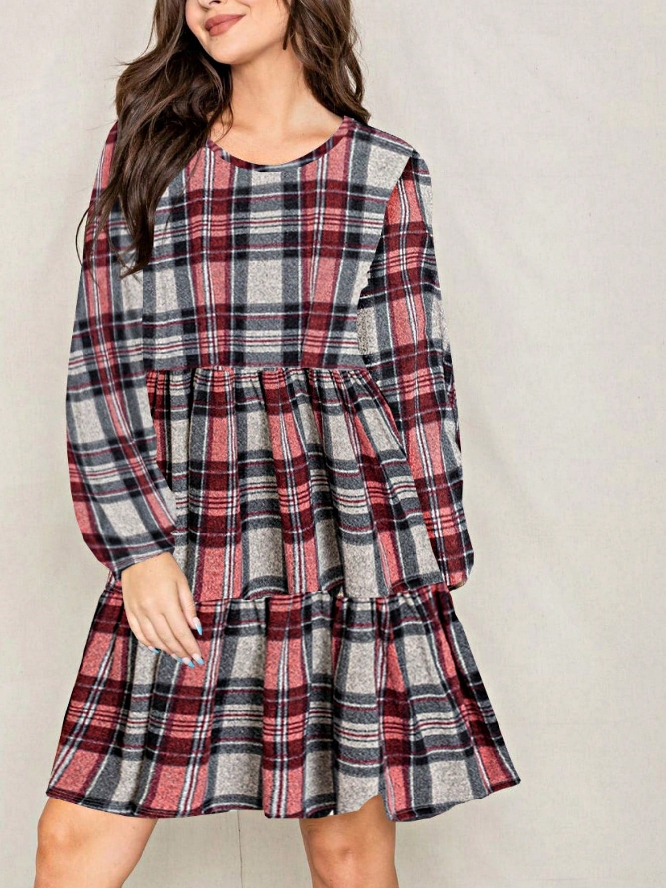 Boho Retro Knit Plaid Checker Floral Print Black Coral Cream Orange Off/One Shoulder Ruffle Sleeve Tiered Dress