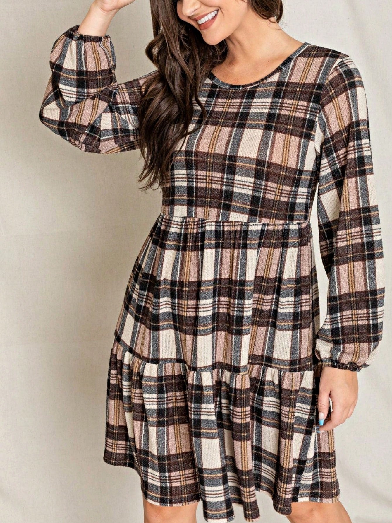 Boho Retro Knit Plaid Checker Floral Print Black Coral Cream Orange Off/One Shoulder Ruffle Sleeve Tiered Dress