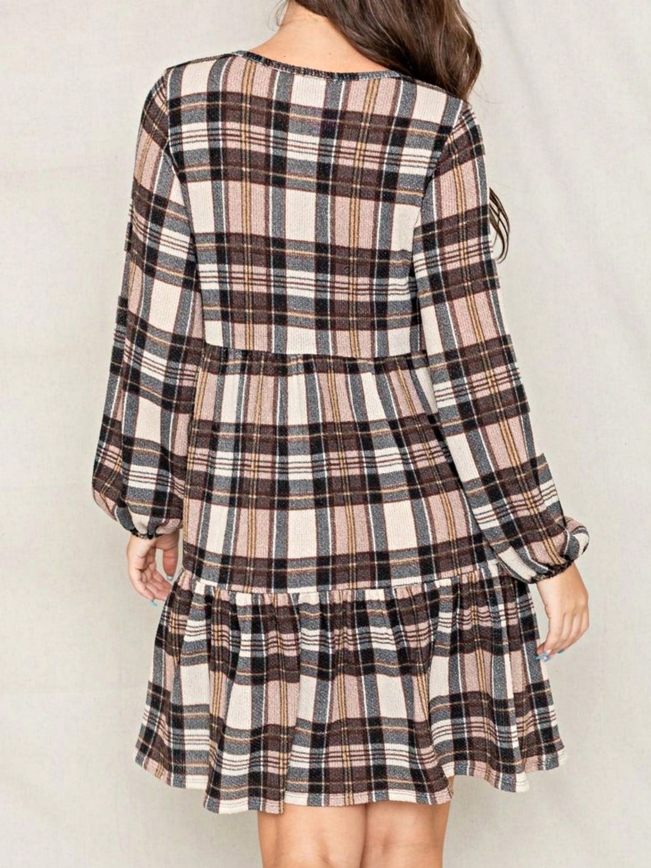 Boho Retro Knit Plaid Checker Floral Print Black Coral Cream Orange Off/One Shoulder Ruffle Sleeve Tiered Dress