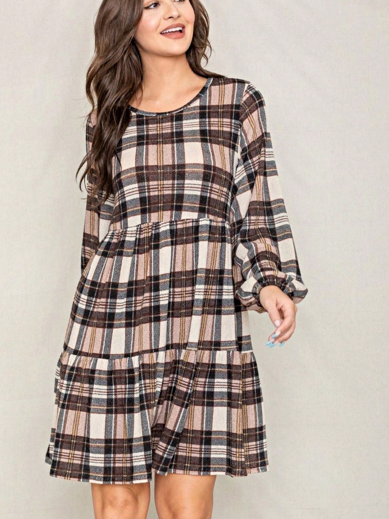 Boho Retro Knit Plaid Checker Floral Print Black Coral Cream Orange Off/One Shoulder Ruffle Sleeve Tiered Dress