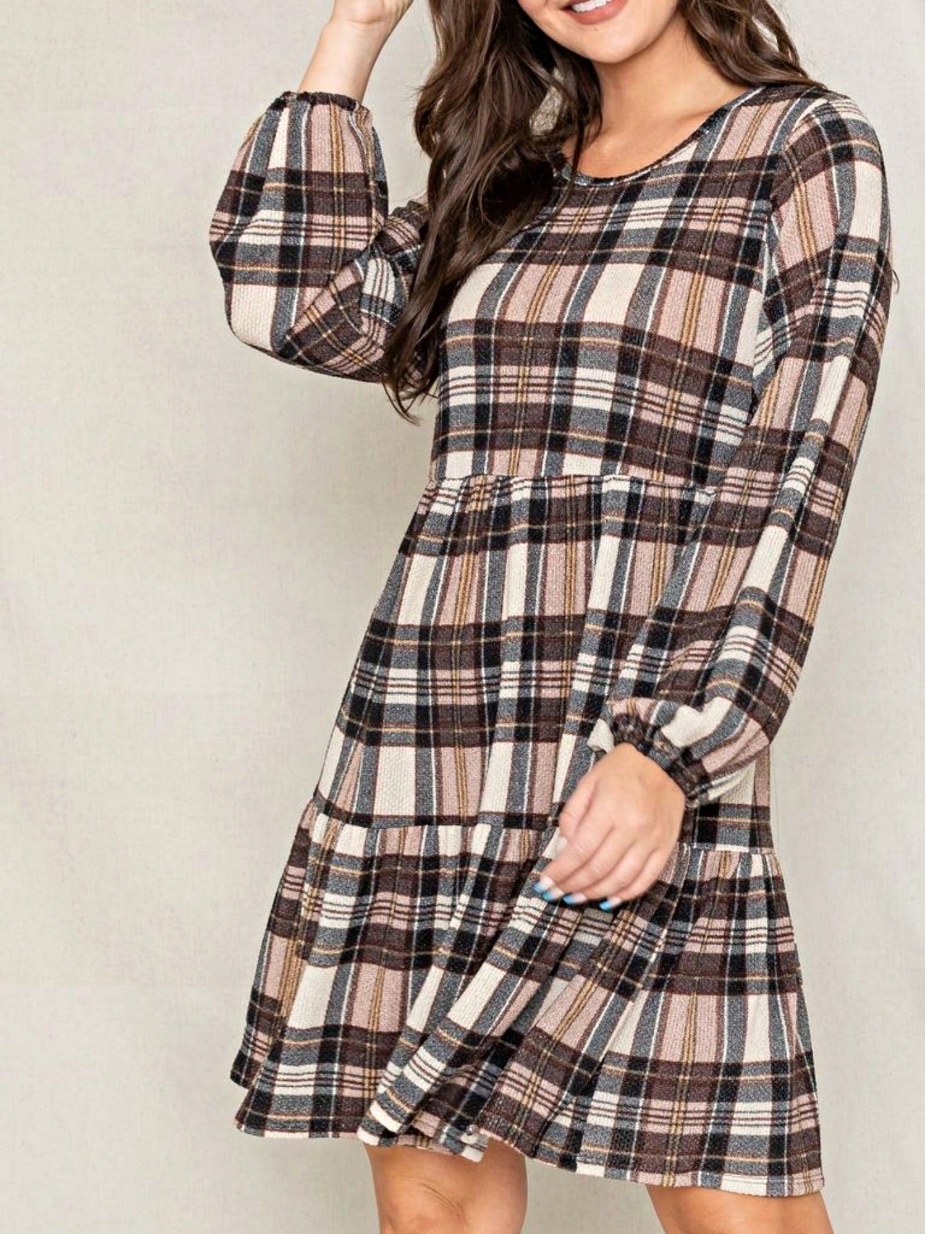 Boho Retro Knit Plaid Checker Floral Print Black Coral Cream Orange Off/One Shoulder Ruffle Sleeve Tiered Dress