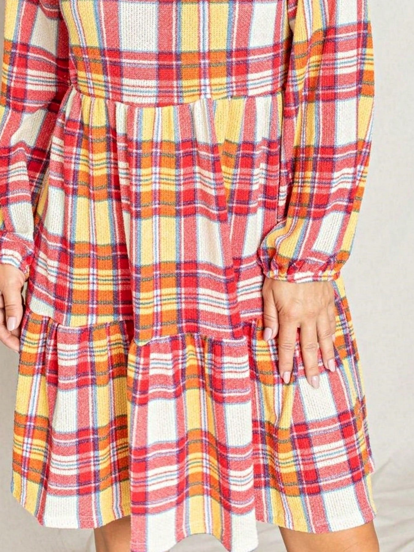 Boho Retro Knit Plaid Checker Floral Print Black Coral Cream Orange Off/One Shoulder Ruffle Sleeve Tiered Dress