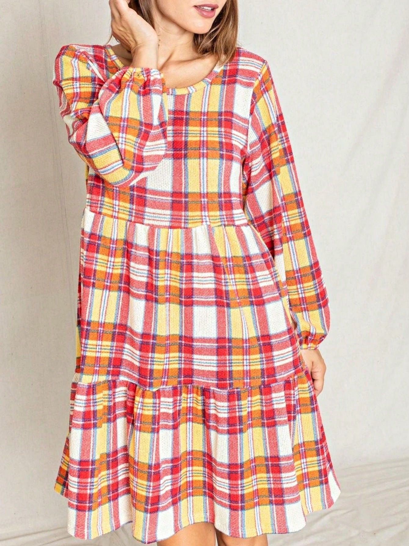 Boho Retro Knit Plaid Checker Floral Print Black Coral Cream Orange Off/One Shoulder Ruffle Sleeve Tiered Dress