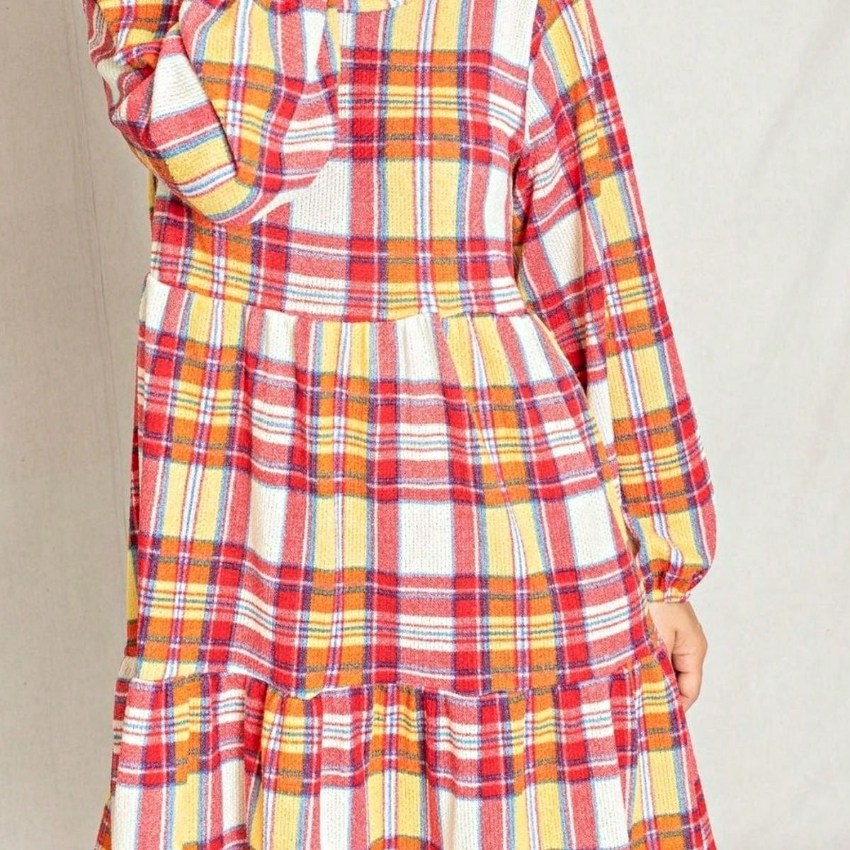 Boho Retro Knit Plaid Checker Floral Print Black Coral Cream Orange Off/One Shoulder Ruffle Sleeve Tiered Dress