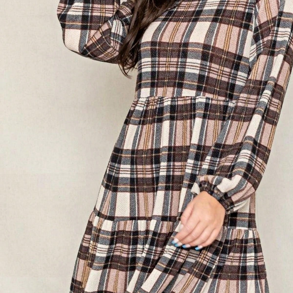Boho Retro Knit Plaid Checker Floral Print Black Coral Cream Orange Off/One Shoulder Ruffle Sleeve Tiered Dress