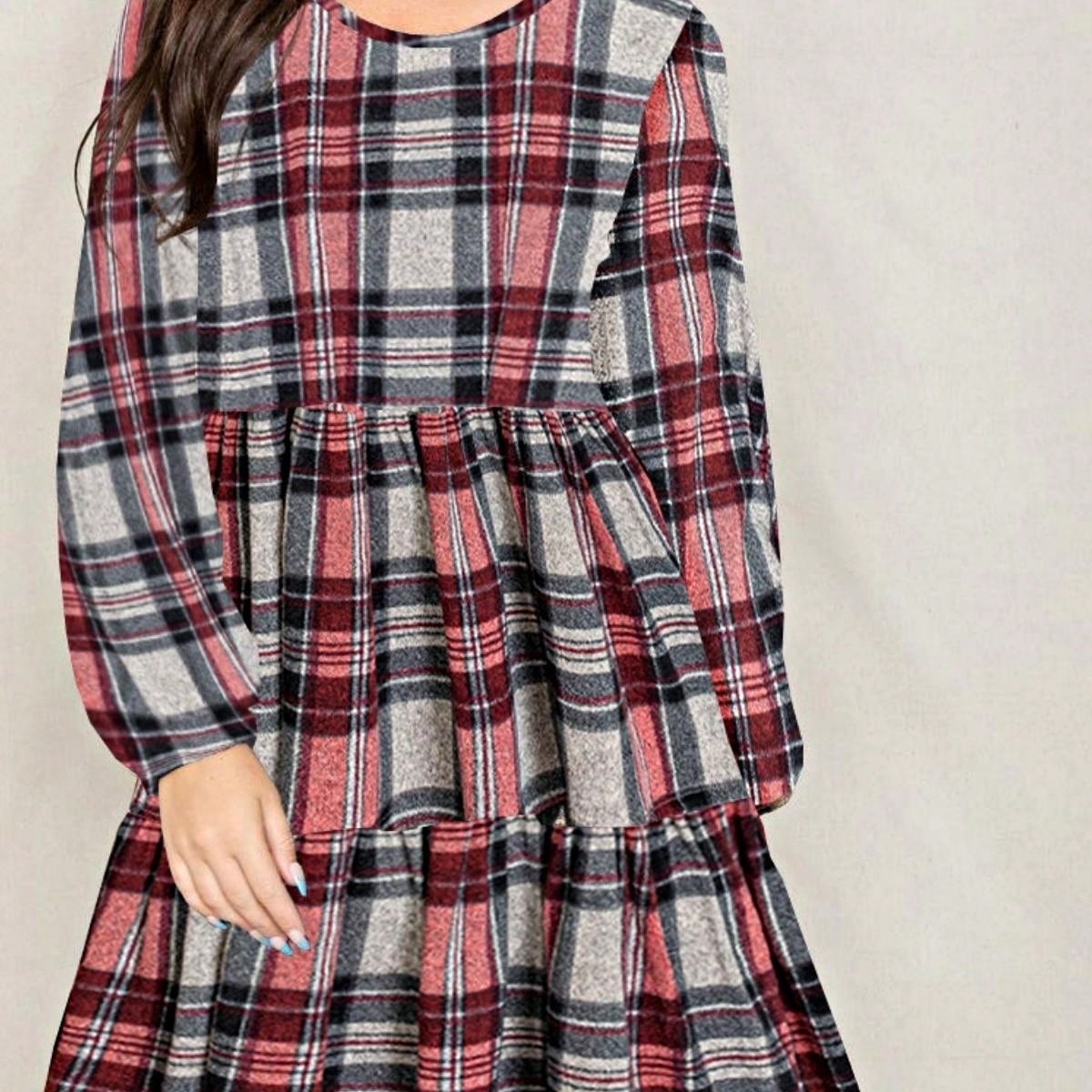 Boho Retro Knit Plaid Checker Floral Print Black Coral Cream Orange Off/One Shoulder Ruffle Sleeve Tiered Dress