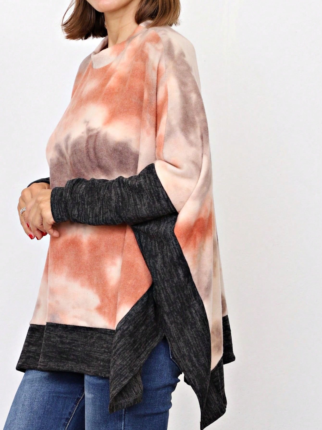 Boho Retro 90's Vintage Black Round Cowl Draped Neck Nordic Dolman Batwing Sleeve Poncho Cape Tunic Top Sweater Pullover