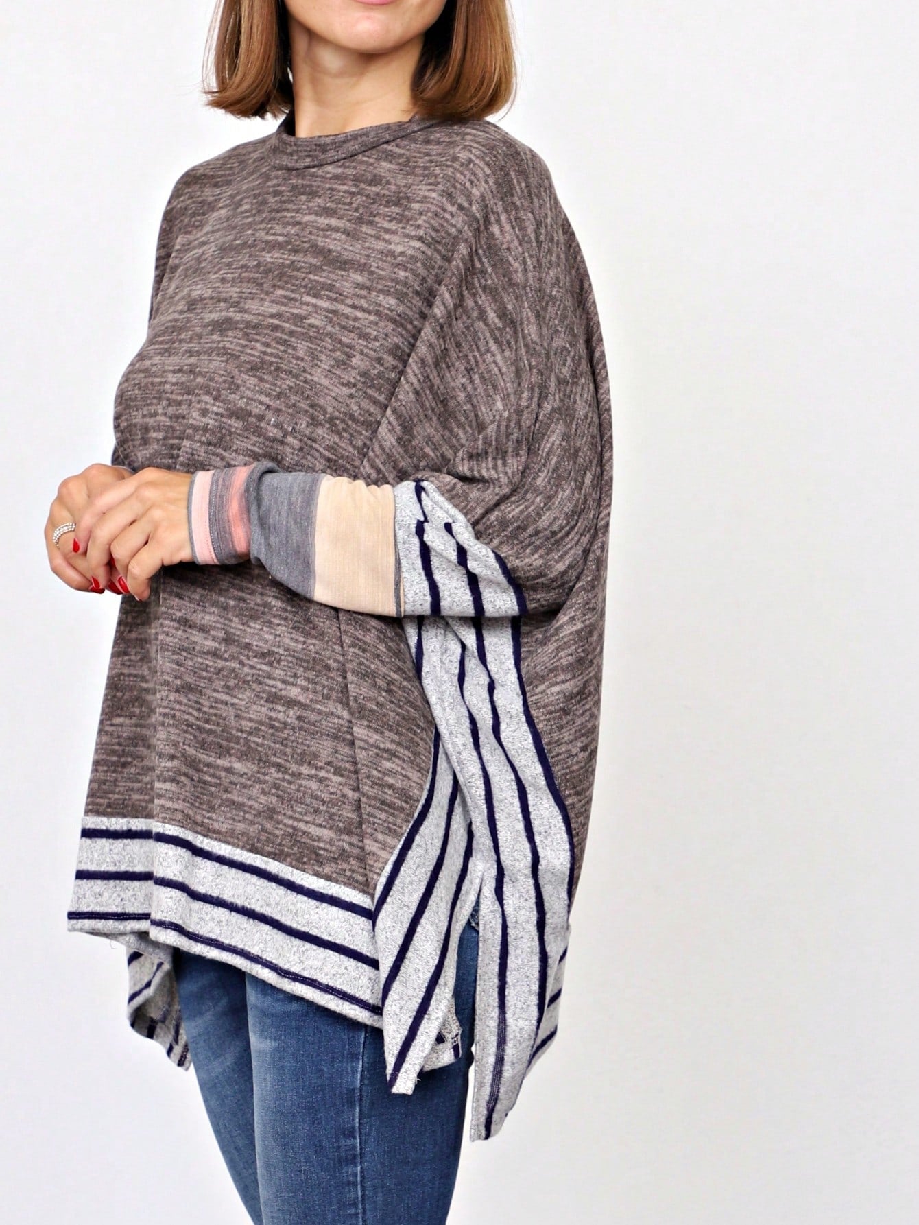 Boho Retro 90's Vintage Black Round Cowl Draped Neck Nordic Dolman Batwing Sleeve Poncho Cape Tunic Top Sweater Pullover