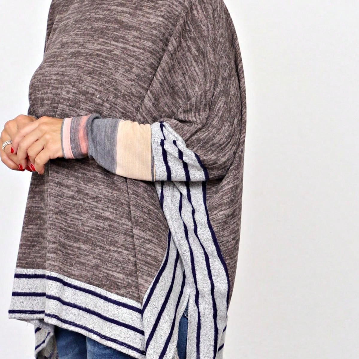 Boho Retro 90's Vintage Black Round Cowl Draped Neck Nordic Dolman Batwing Sleeve Poncho Cape Tunic Top Sweater Pullover