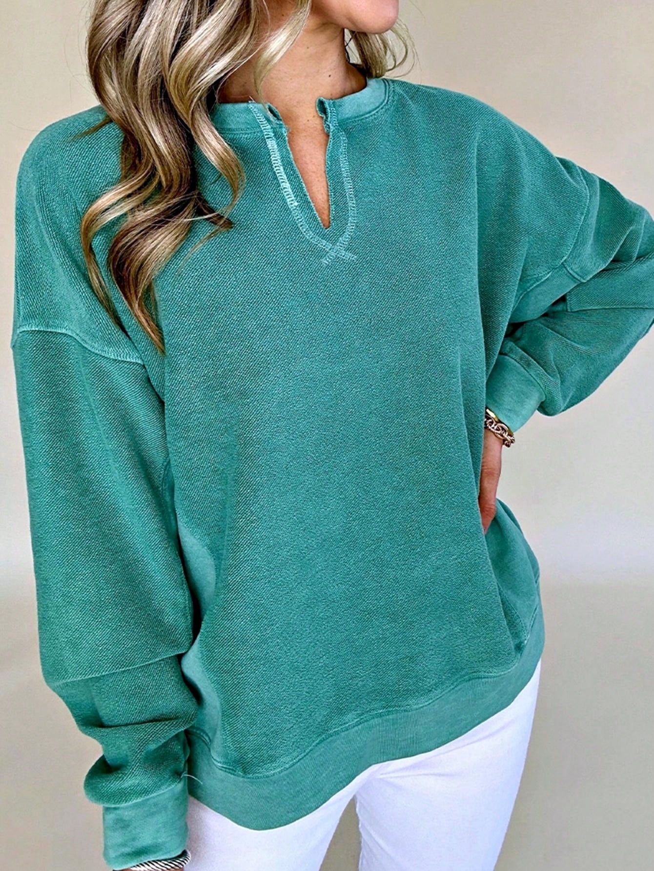 Boho Retro Vintage 90's Cotton Vanilla Beige Button Waffle Patchwork Long Pocket Sleeve Henley Knit Top Sweat Shirt Pullover