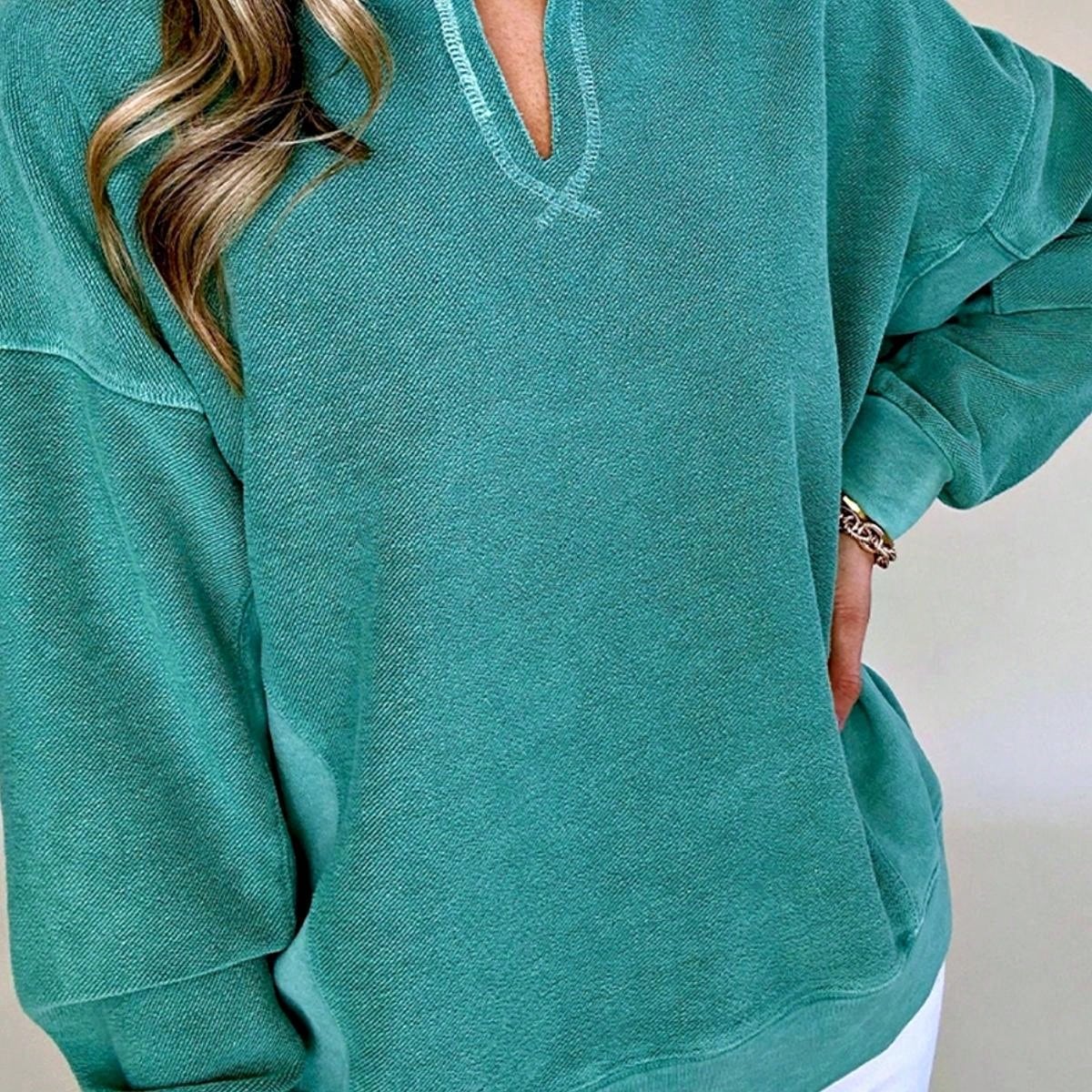 Boho Retro Vintage 90's Cotton Vanilla Beige Button Waffle Patchwork Long Pocket Sleeve Henley Knit Top Sweat Shirt Pullover