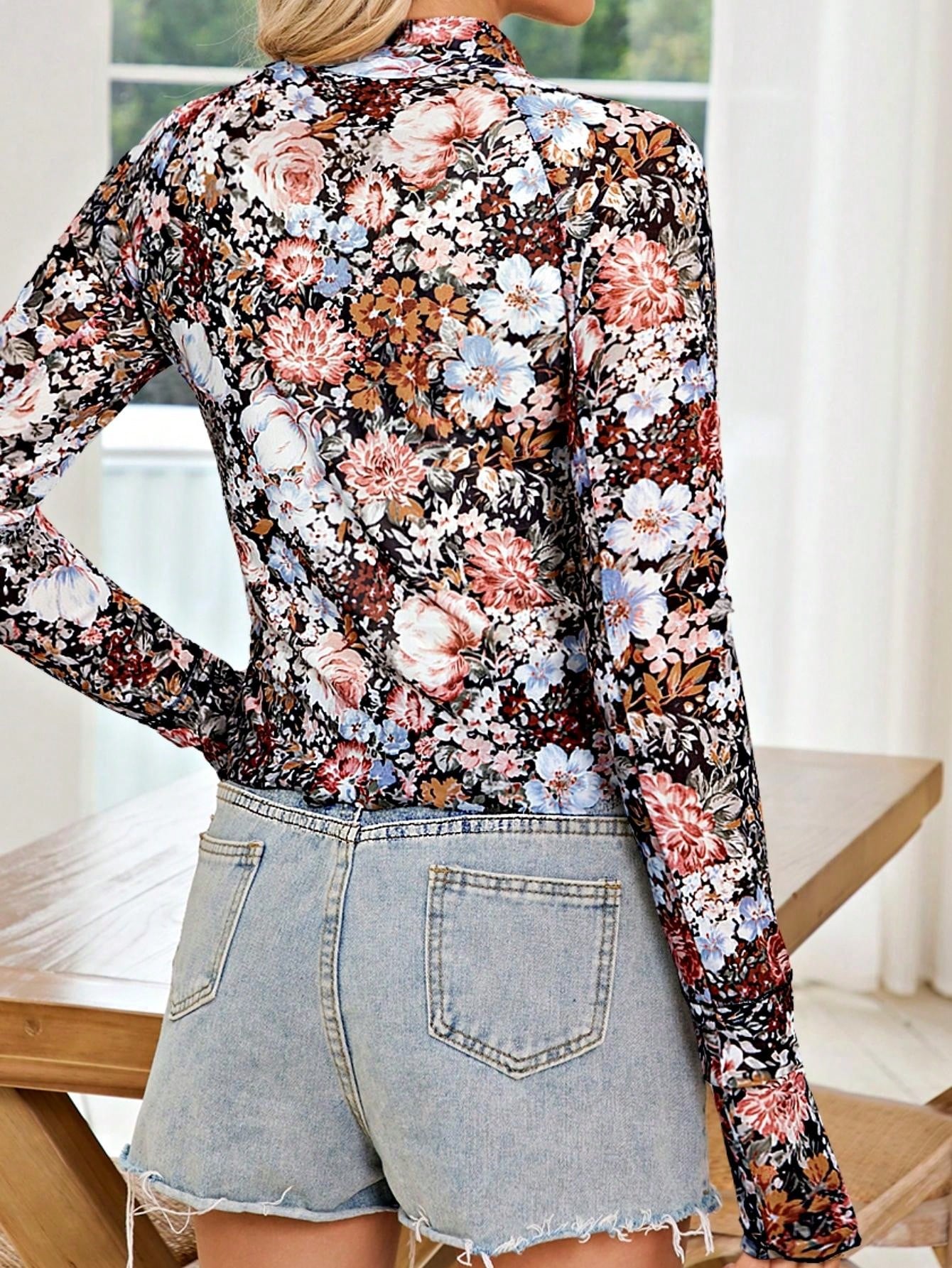 Boho Retro 90's Textured Mesh Color Block Floral Sleeve Drop Raglan Round Mock Neck  Layering Shoulder Mesh Lace Half And Long Sleeve Ivory Cream Navy Red Crew Neck Top Shirt Blouse
