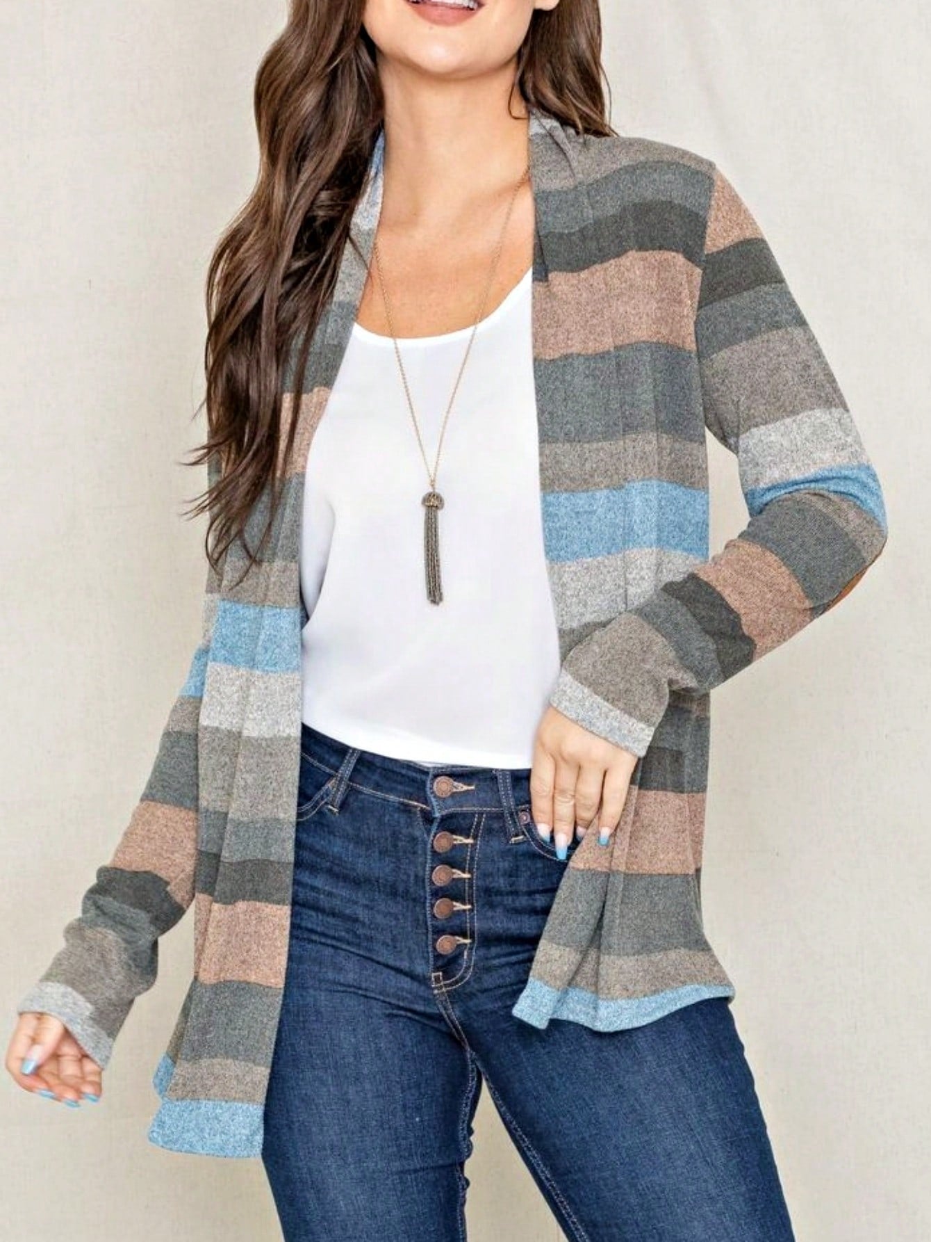 Boho Vintage 90's Plaid Stripe Tie Dye  Elbow Patch 60's Classic Slouch Cardigan With Pocket