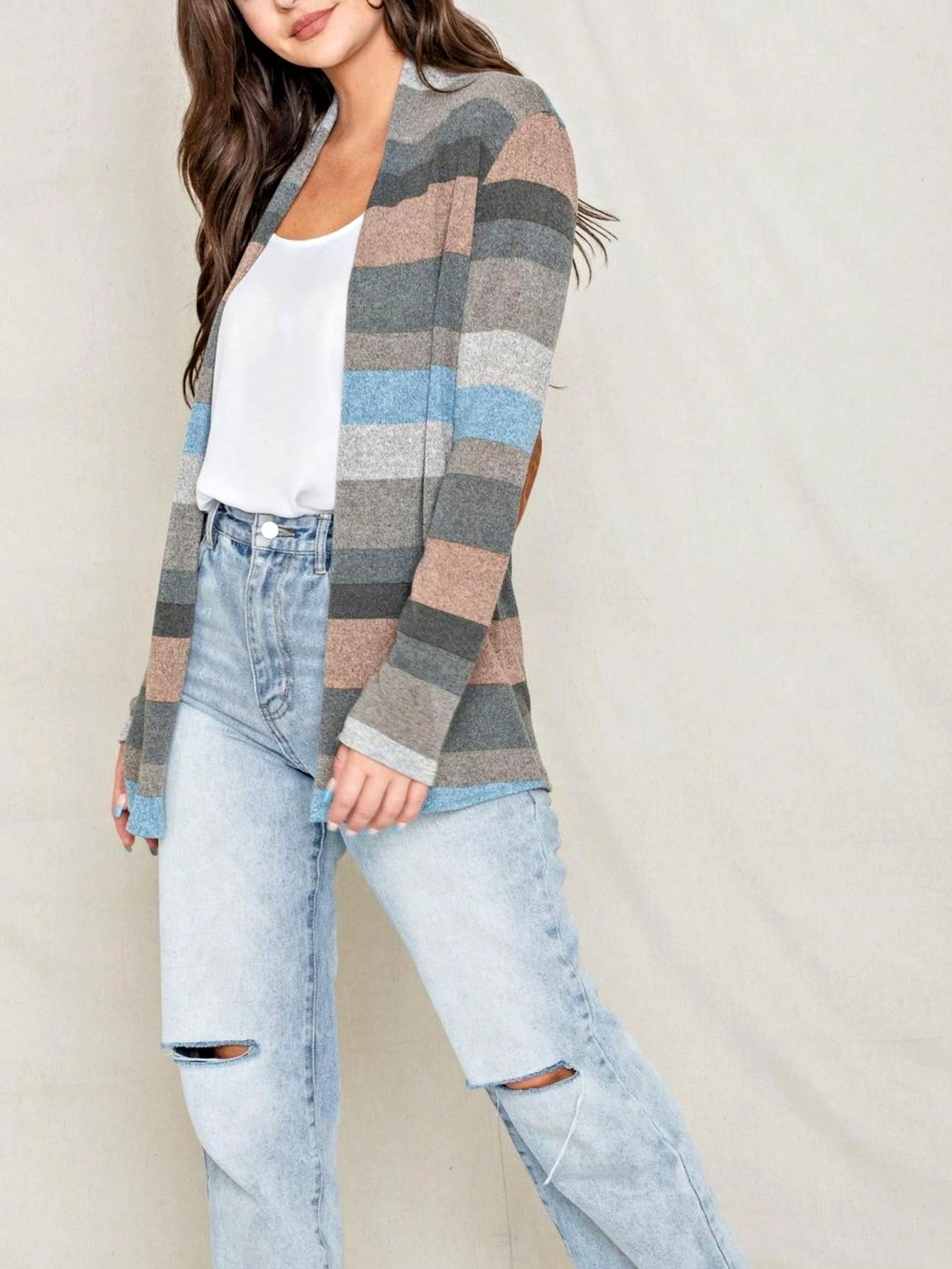 Boho Vintage 90's Plaid Stripe Tie Dye  Elbow Patch 60's Classic Slouch Cardigan With Pocket