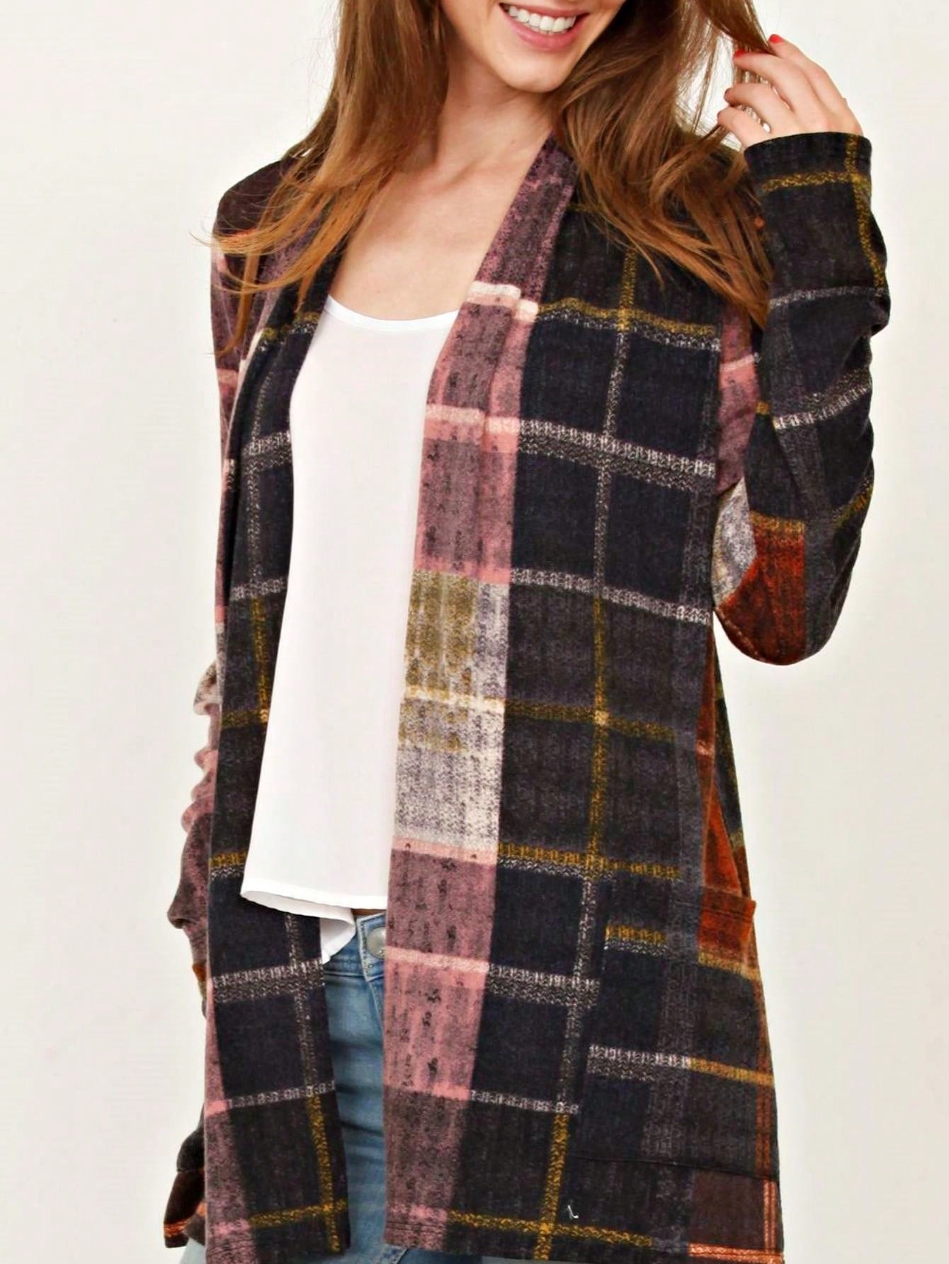Boho Vintage 90's Plaid Stripe Tie Dye  Elbow Patch 60's Classic Slouch Cardigan With Pocket