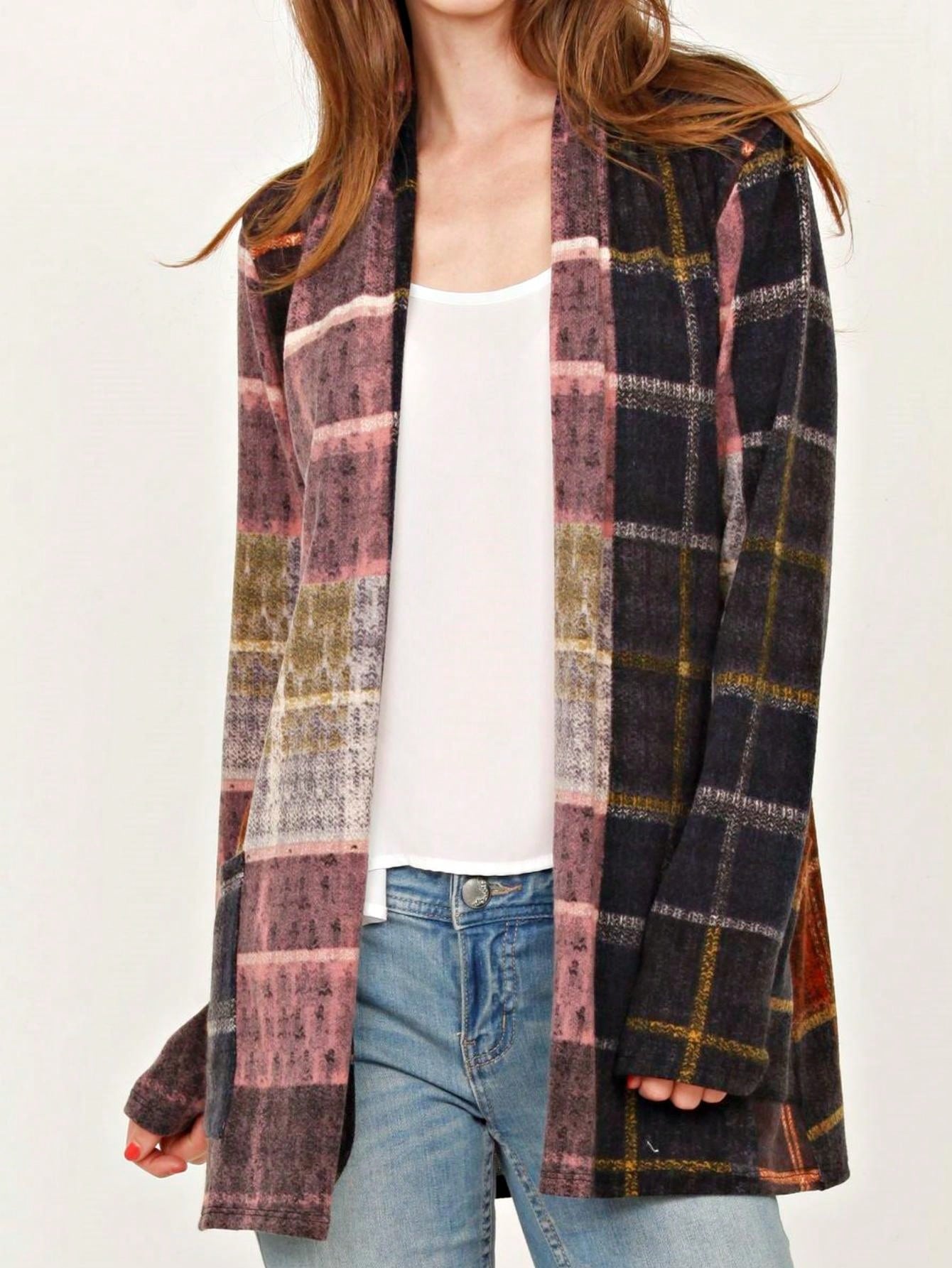 Boho Vintage 90's Plaid Stripe Tie Dye  Elbow Patch 60's Classic Slouch Cardigan With Pocket