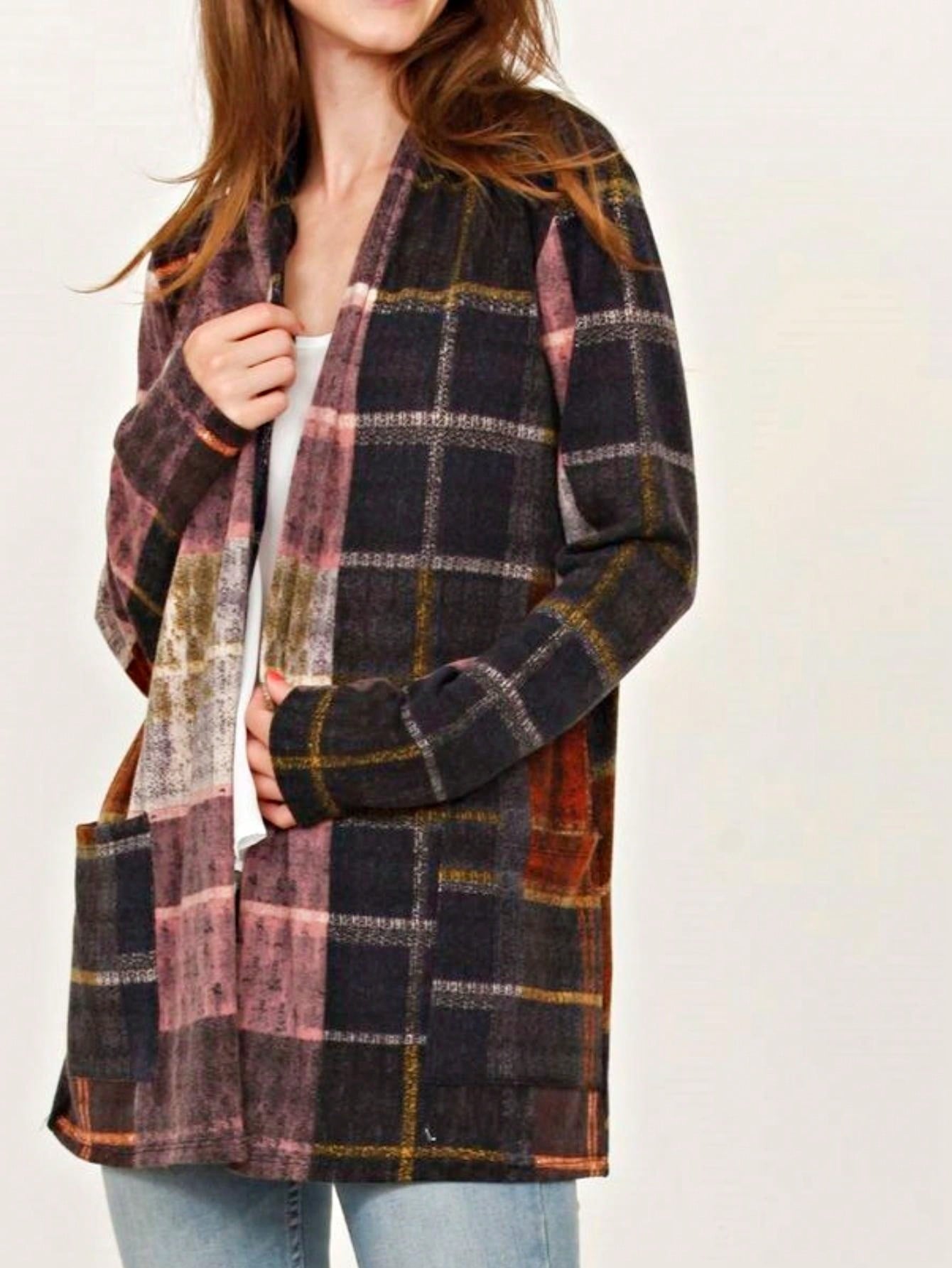 Boho Vintage 90's Plaid Stripe Tie Dye  Elbow Patch 60's Classic Slouch Cardigan With Pocket