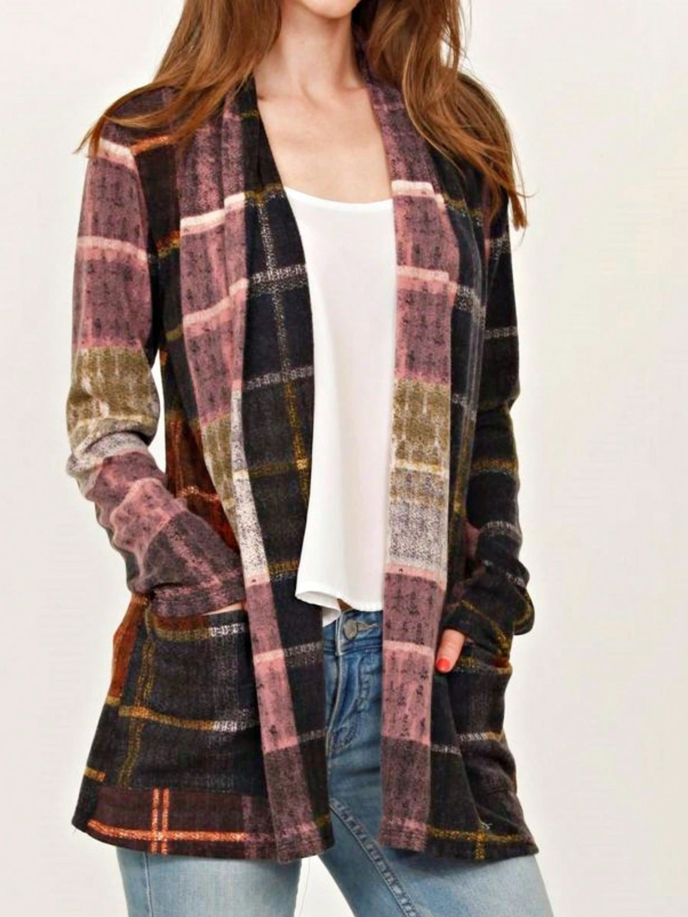 Boho Vintage 90's Plaid Stripe Tie Dye  Elbow Patch 60's Classic Slouch Cardigan With Pocket
