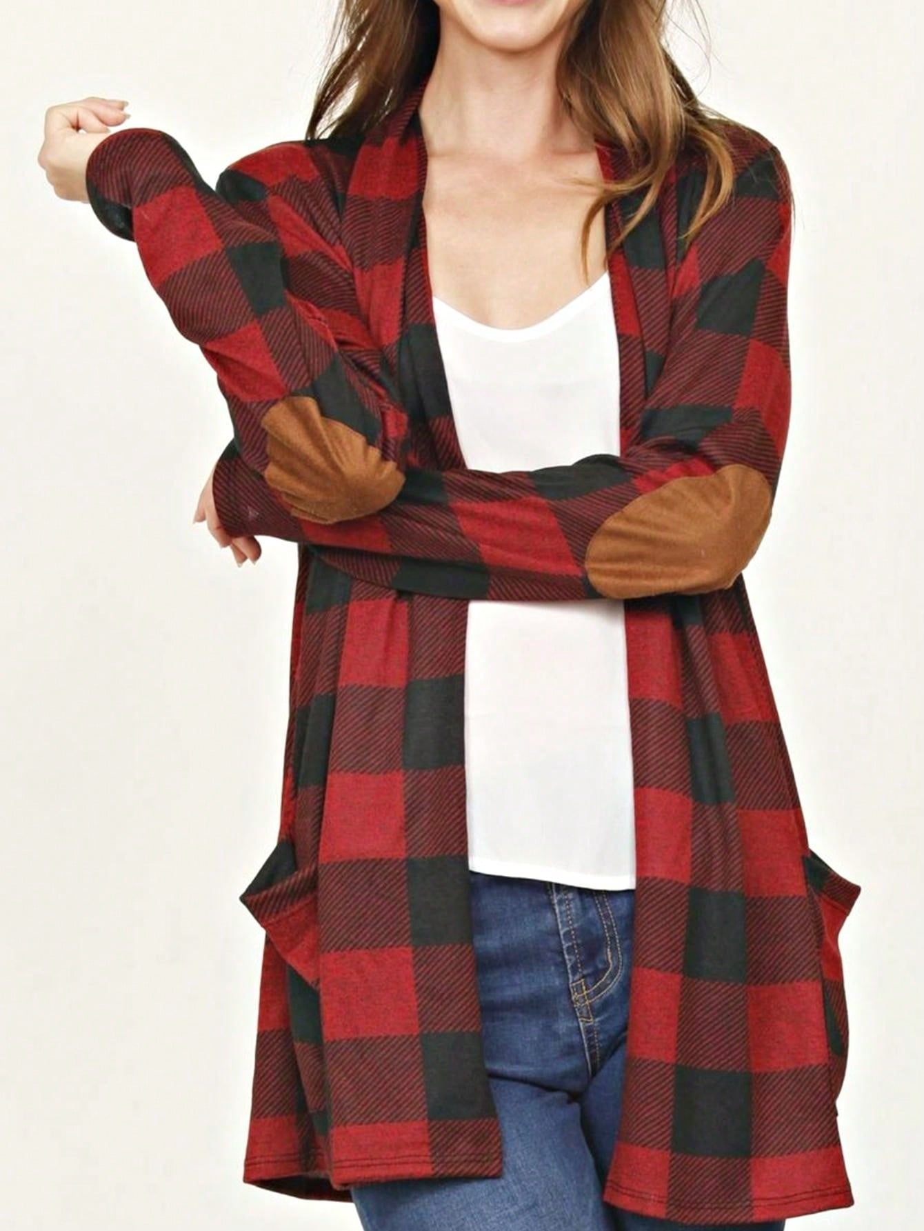 Boho Vintage 90's Plaid Stripe Tie Dye  Elbow Patch 60's Classic Slouch Cardigan With Pocket