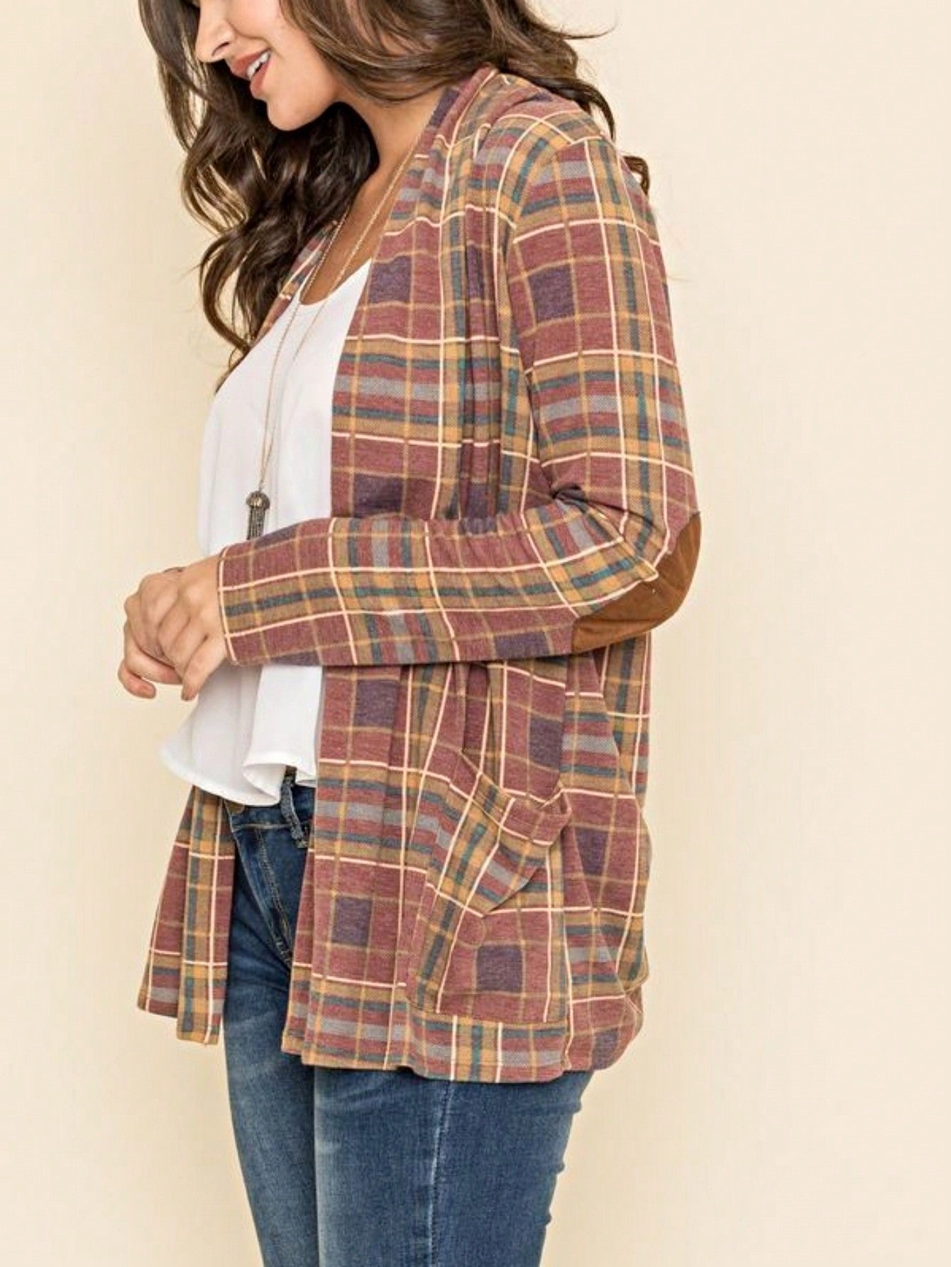 Boho Vintage 90's Plaid Stripe Tie Dye  Elbow Patch 60's Classic Slouch Cardigan With Pocket