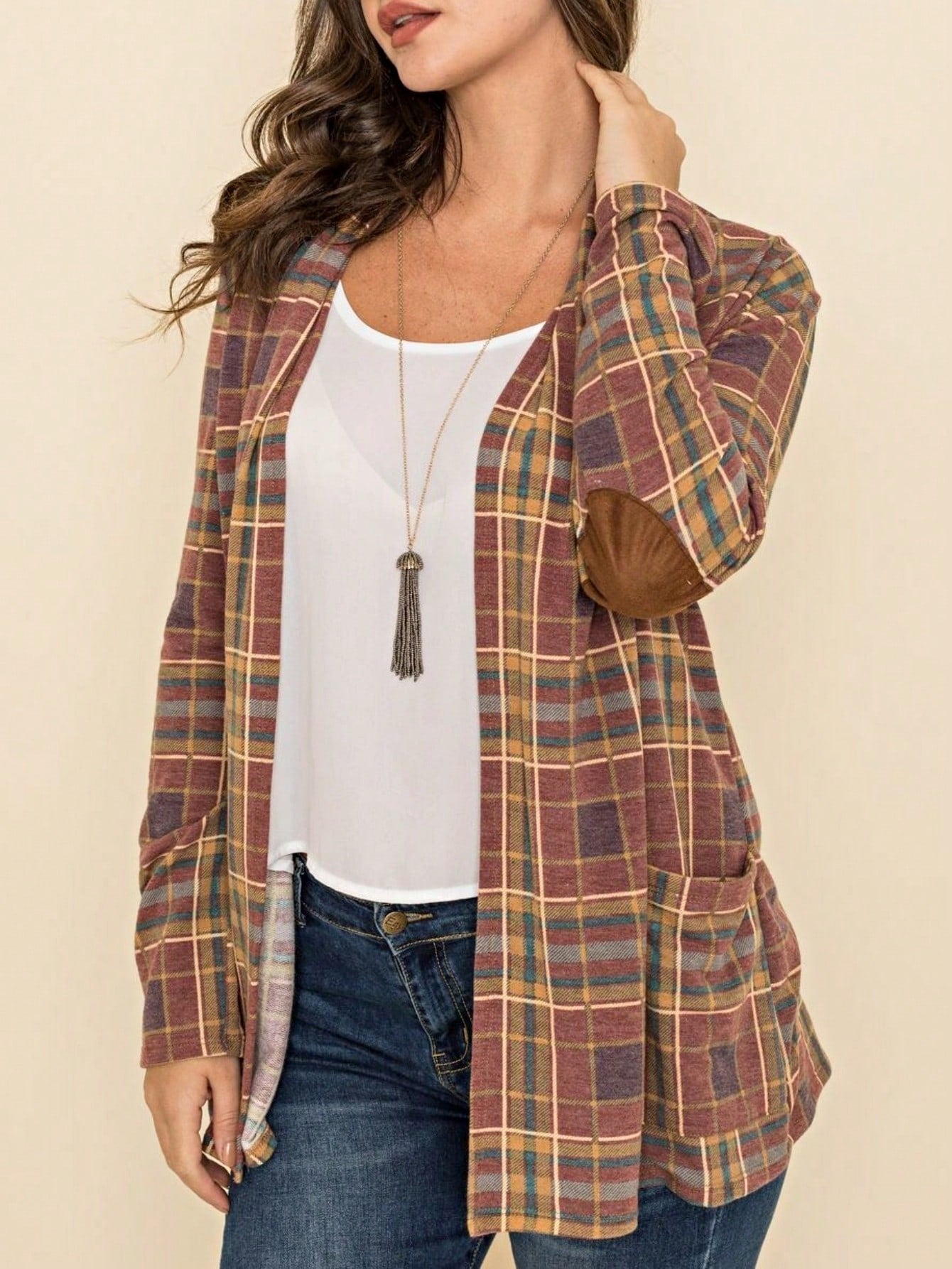 Boho Vintage 90's Plaid Stripe Tie Dye  Elbow Patch 60's Classic Slouch Cardigan With Pocket