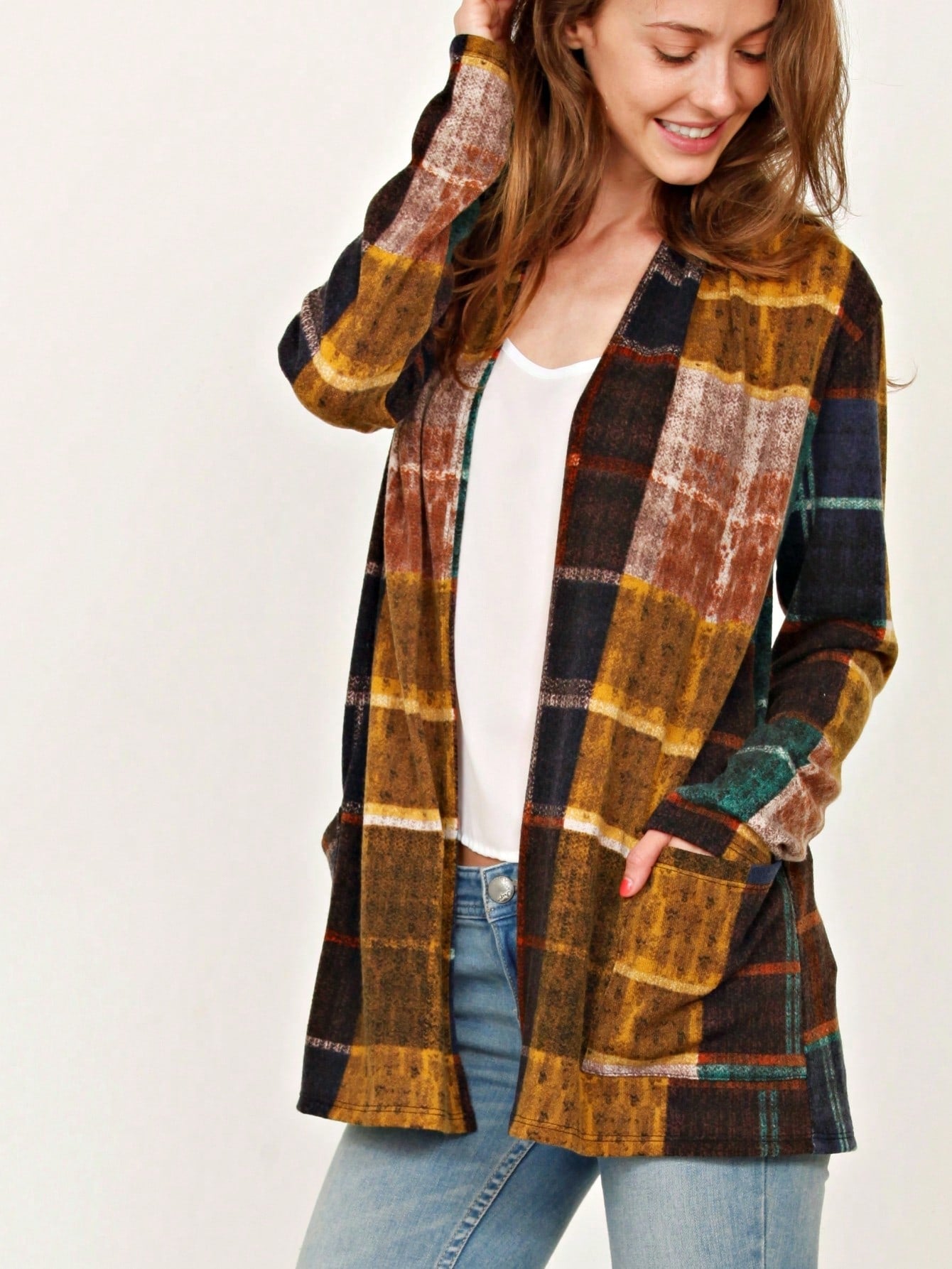 Boho Vintage 90's Plaid Stripe Tie Dye  Elbow Patch 60's Classic Slouch Cardigan With Pocket