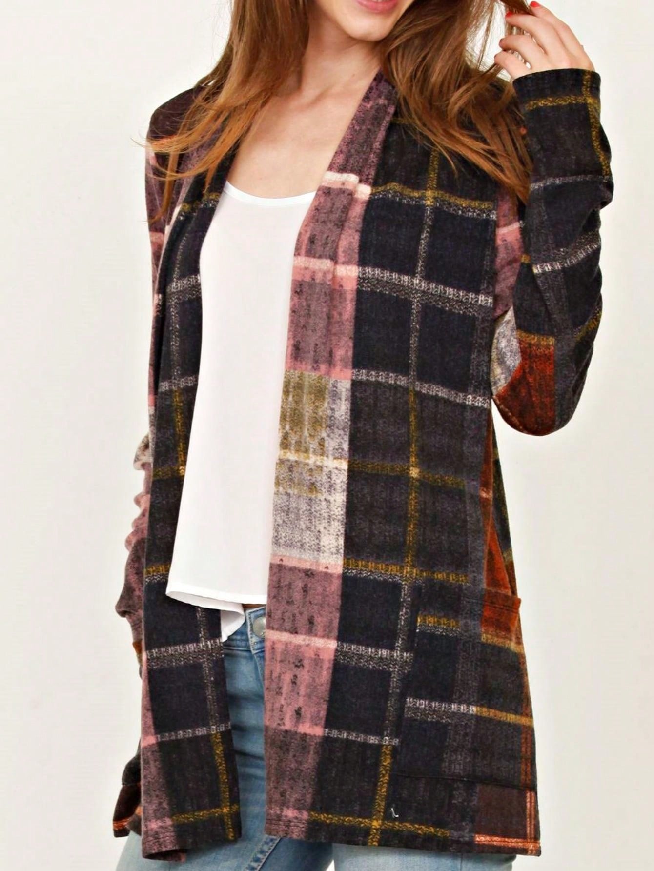 Boho Vintage 90's Plaid Stripe Tie Dye  Elbow Patch 60's Classic Slouch Cardigan With Pocket