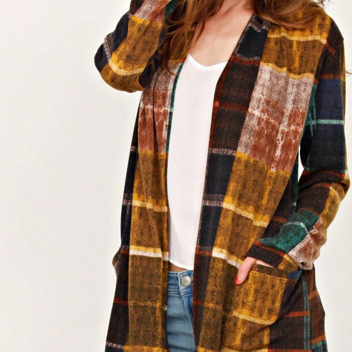 Boho Vintage 90's Plaid Stripe Tie Dye  Elbow Patch 60's Classic Slouch Cardigan With Pocket
